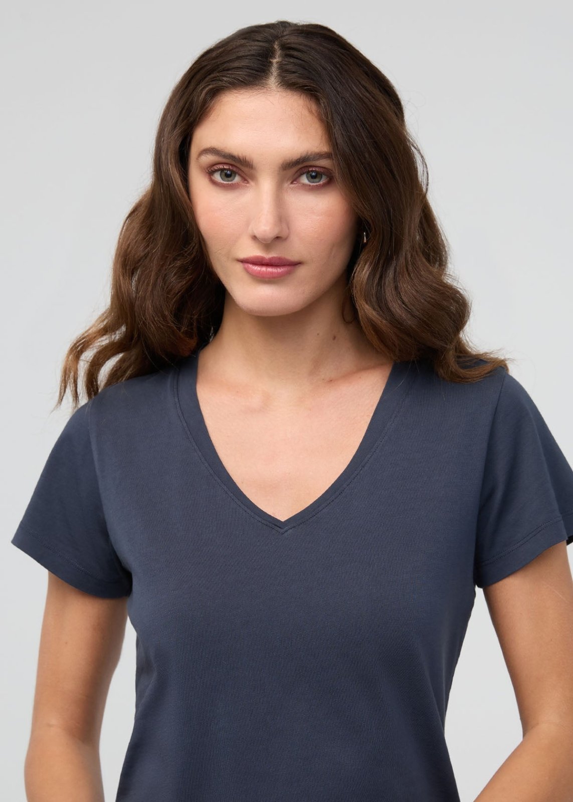 Women's Navy Pima Cotton V-Neck Front Detail