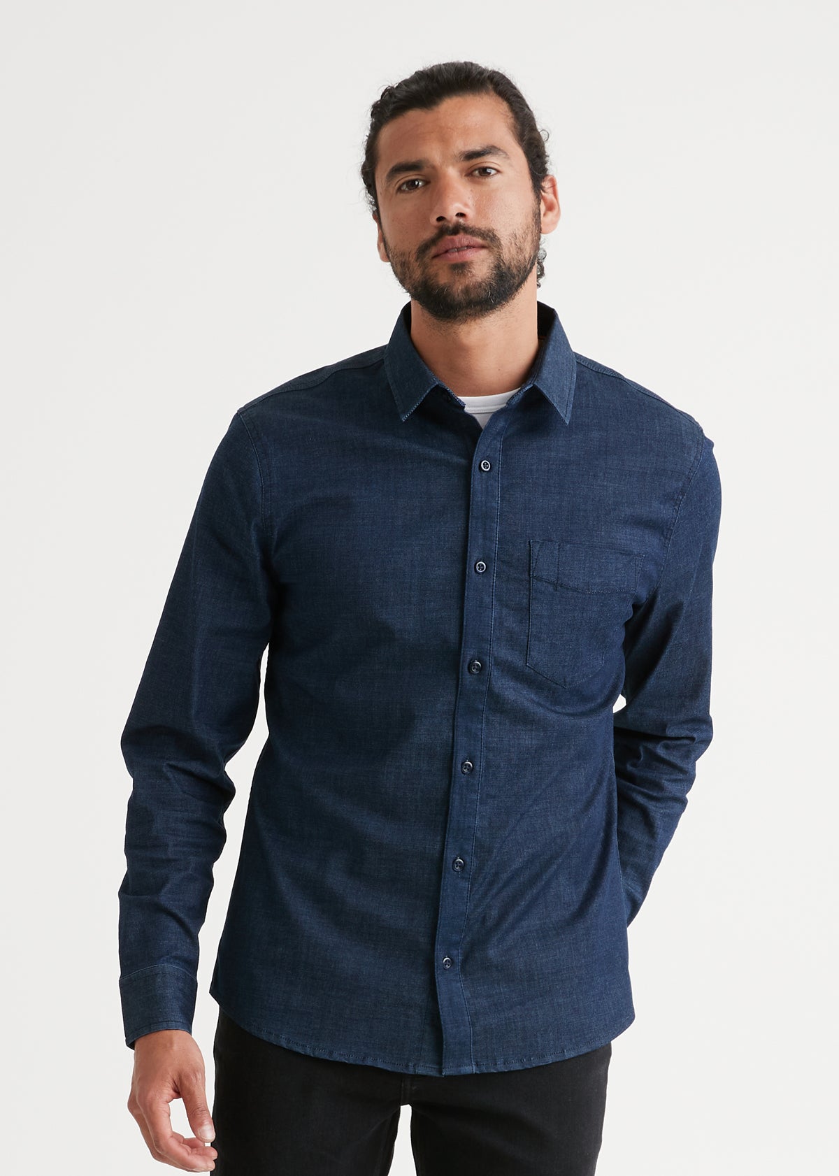 Men's Stretch Dark Wash Denim Button Up Shirt Front
