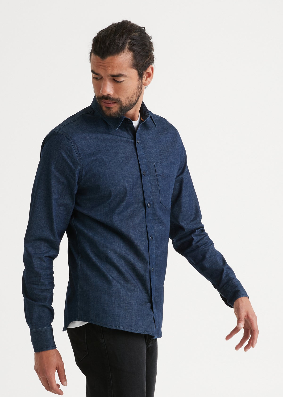 Men's Stretch Dark Wash Denim Button Up Shirt Side