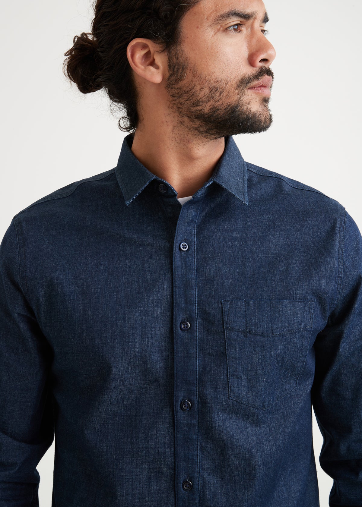 Men's Stretch Dark Wash Denim Button Up Shirt Detail
