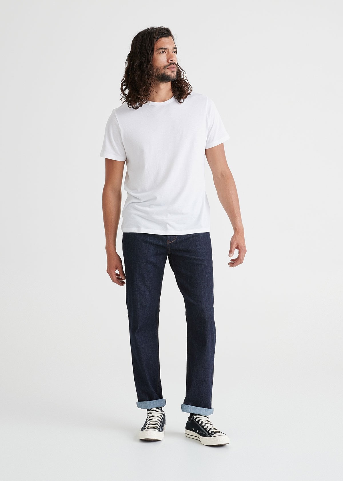 mens dark blue athletic straight fit stretch jeans full body
