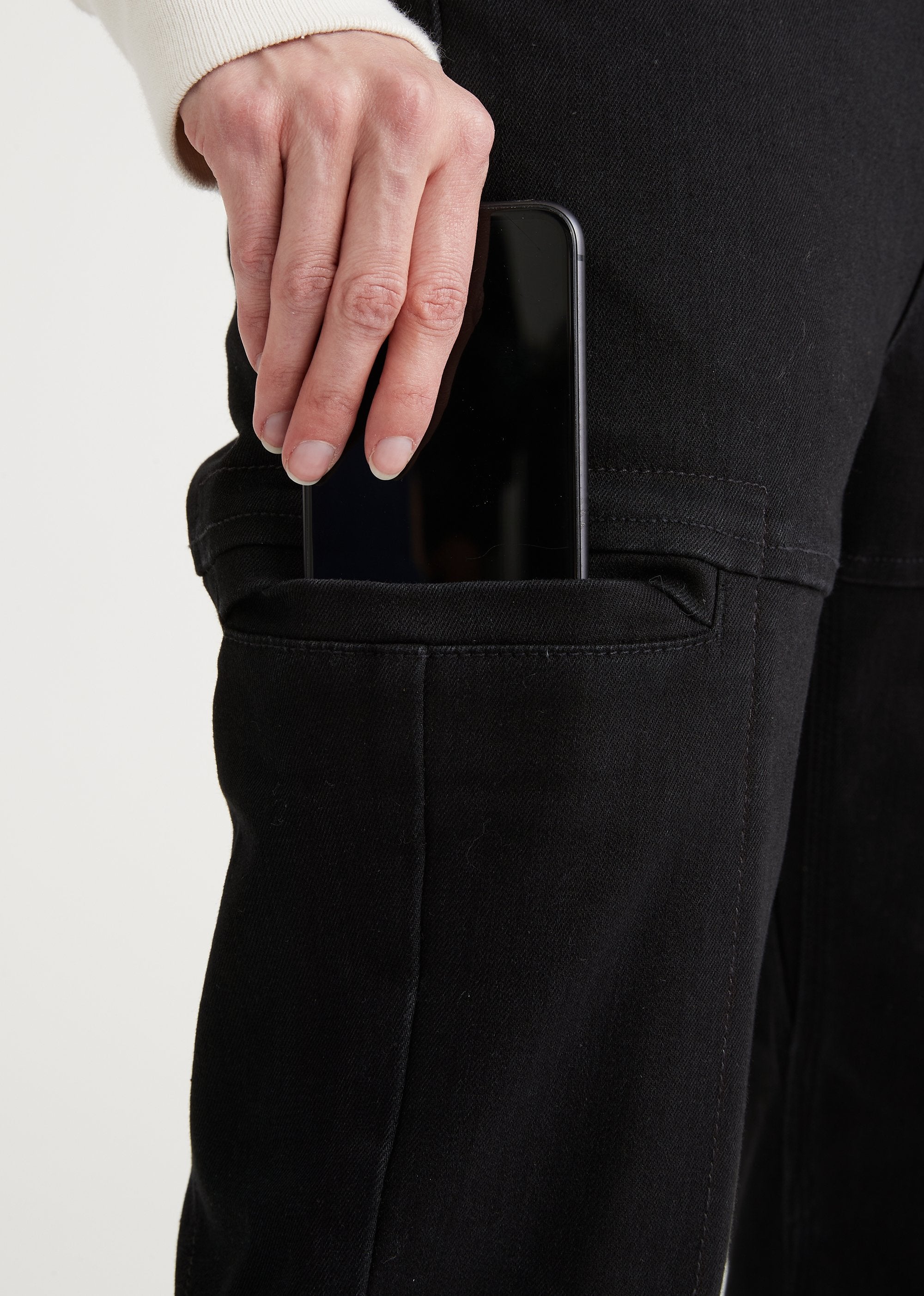 women's black relaxed fit waterproof membrane stretch jeans pocket detail