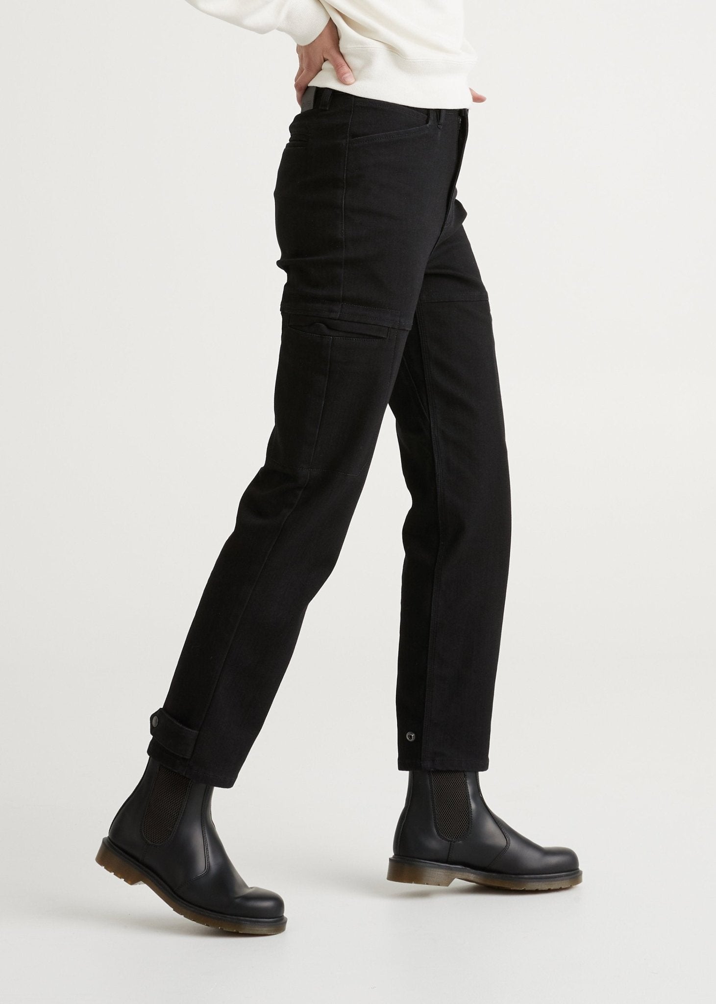 women's black relaxed fit waterproof membrane stretch jeans side