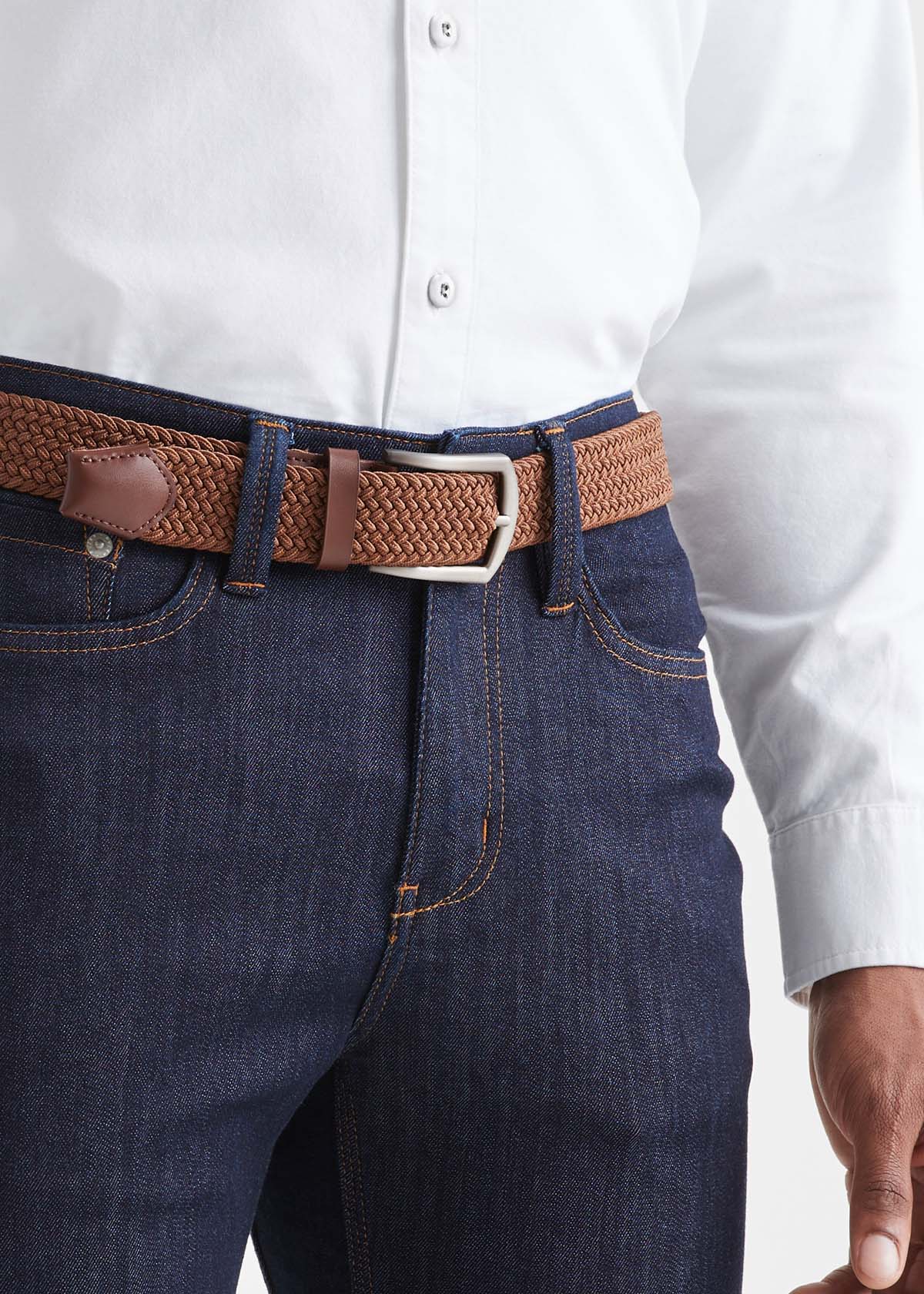 mens rust/brown performance stretch belt front
