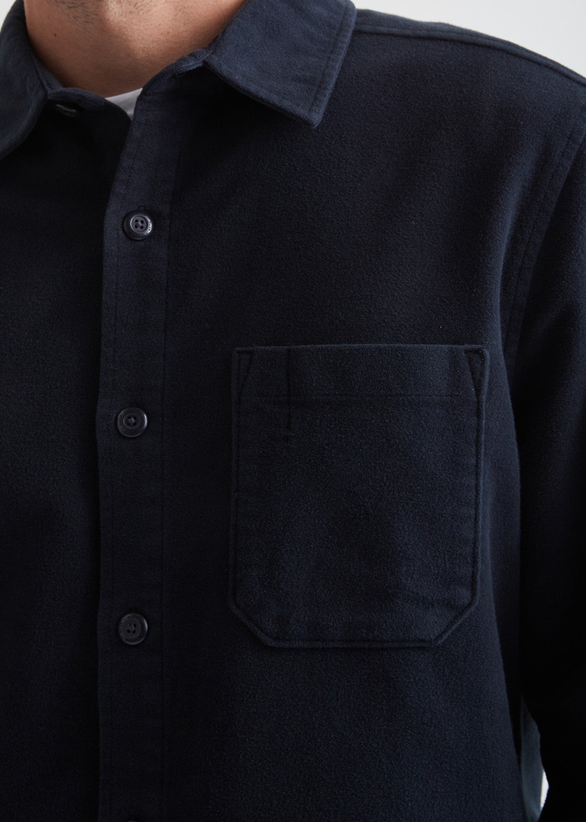 Men's Navy Relaxed Moleskin Button Up Shirt Chest Pocket Detail