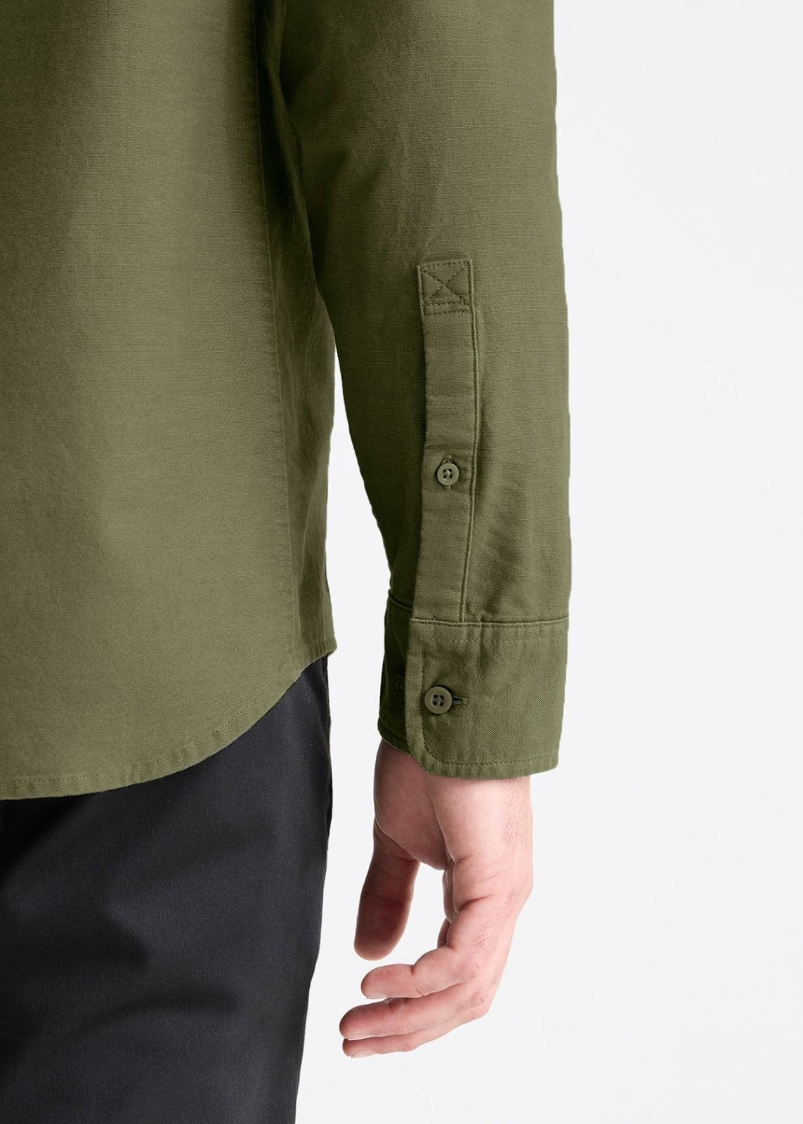 mens green stretch button down shirt sleeve button details