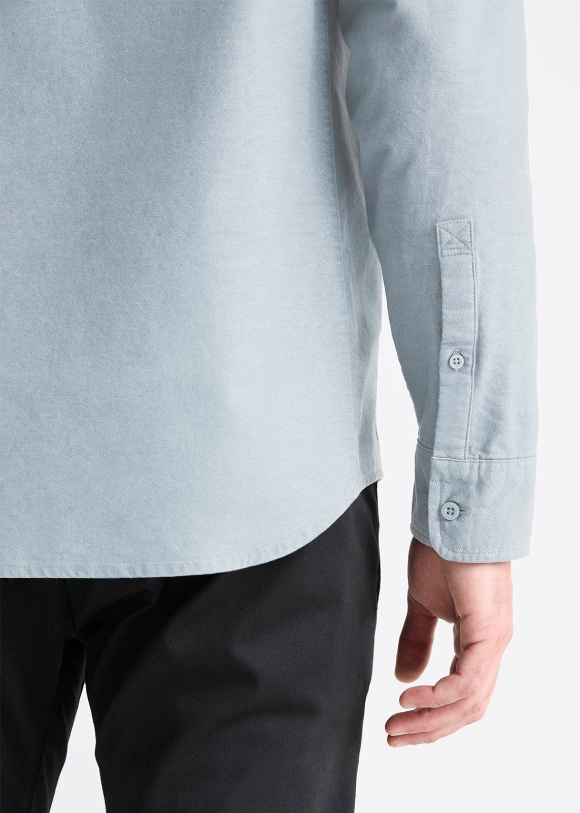 mens light blue stretch button down shirt sleeve button details