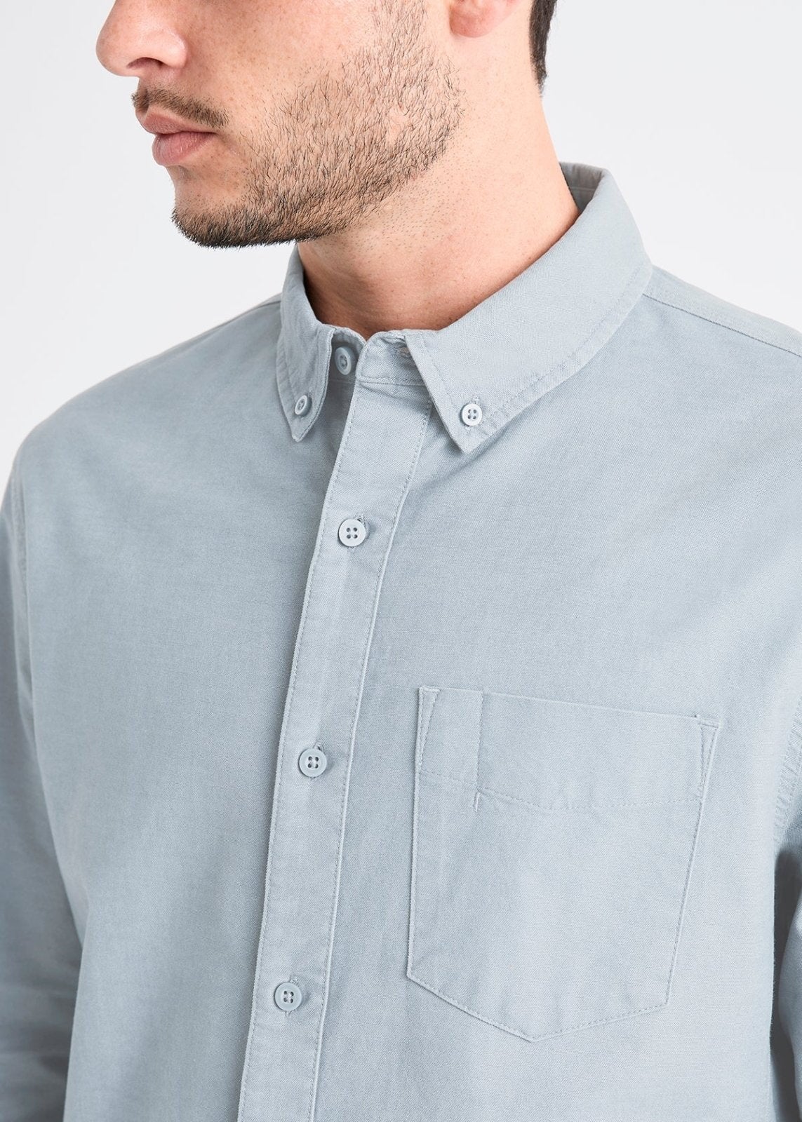 mens light blue stretch button down shirt chest pocket detail