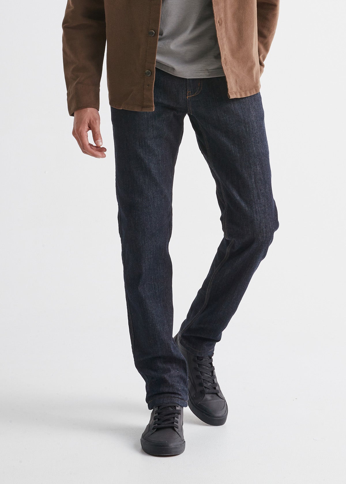 mens dark wash slim fit fleece stretch jeans front