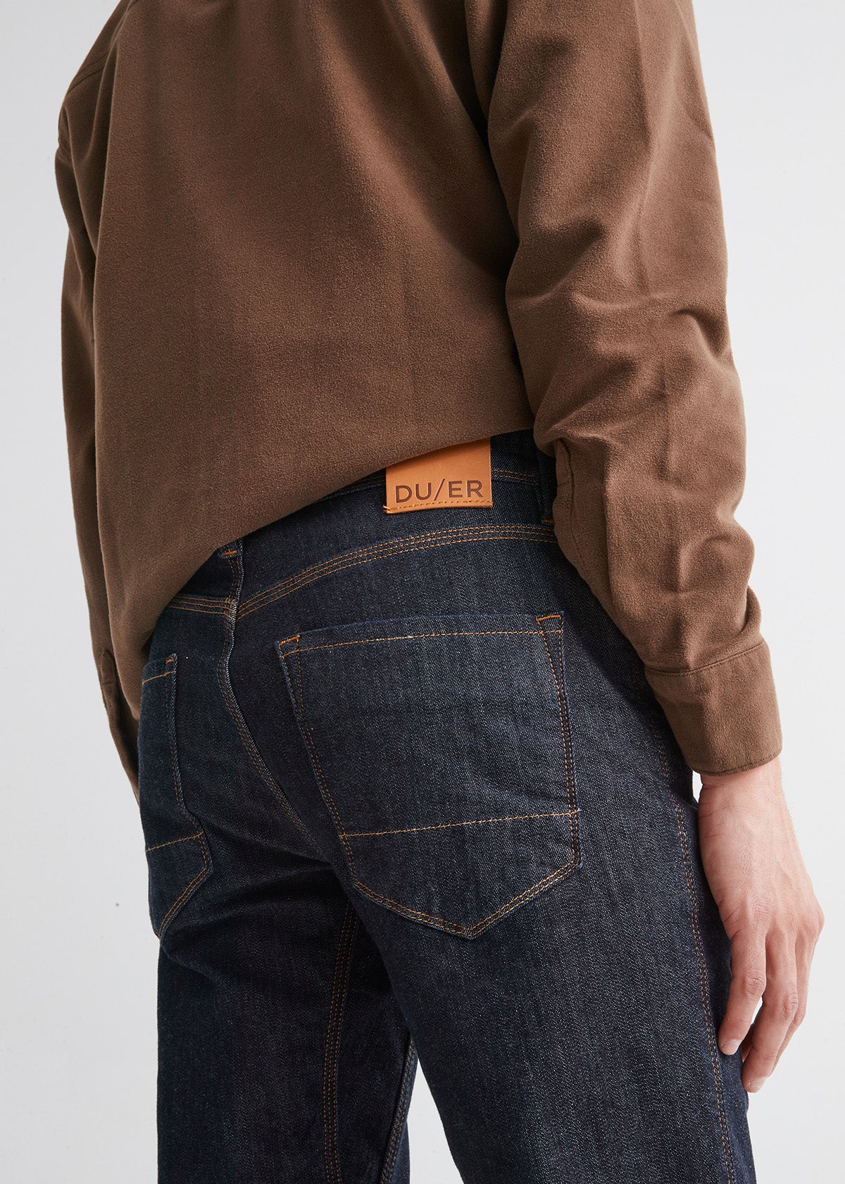 mens dark wash slim fit fleece stretch jeans back patch detail