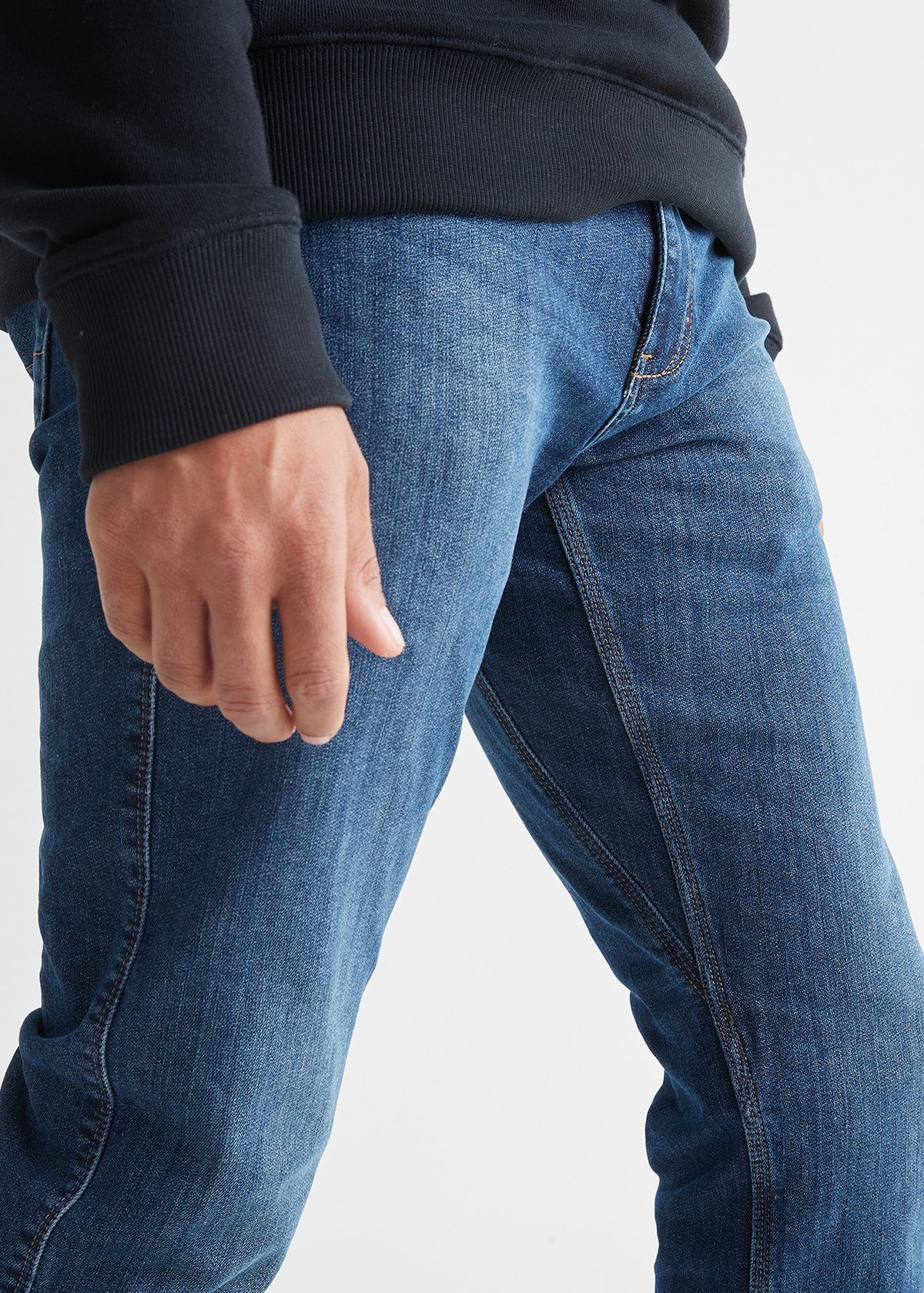 mens light wash slim fit fleece-lined jeans gusset detail
