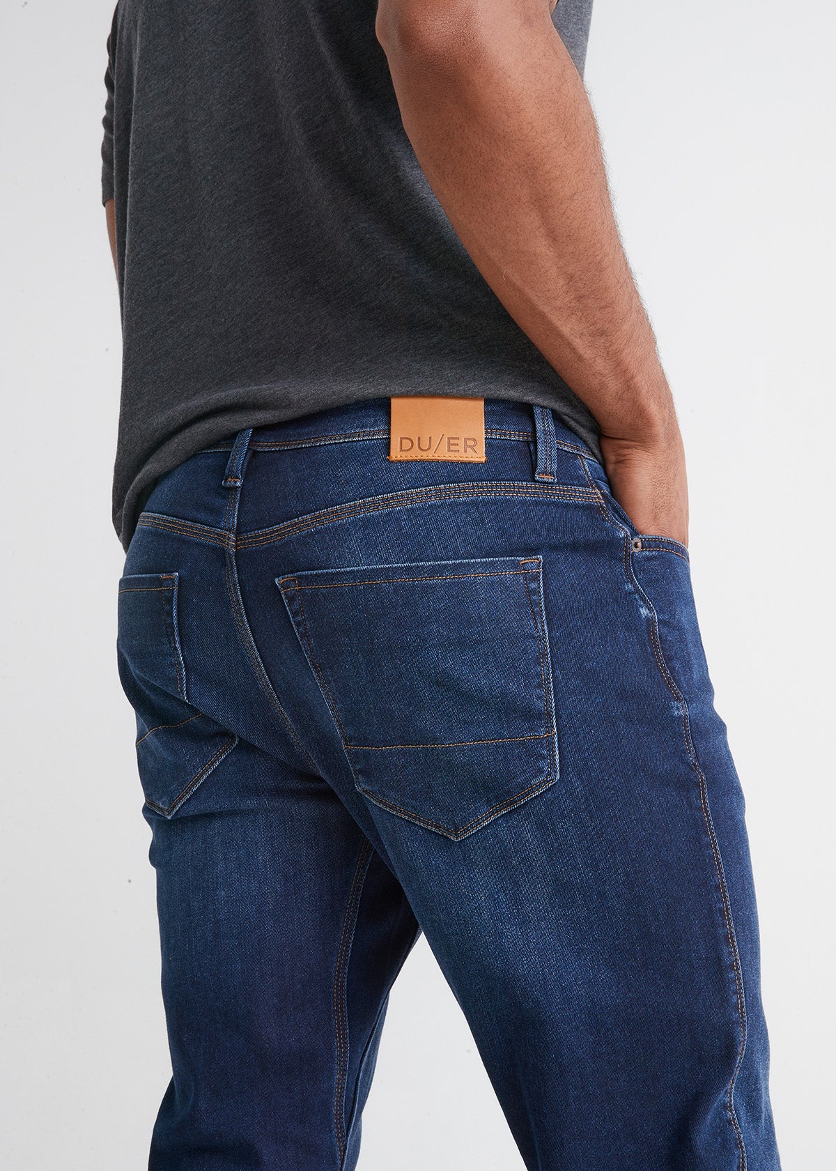 mens dark stone relaxed fit stretch jeans back patch detail