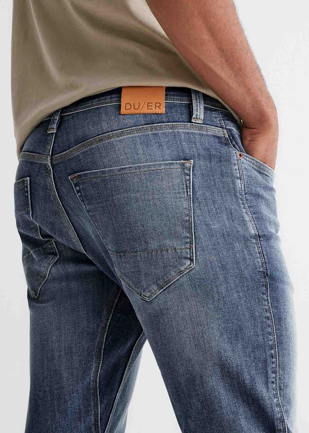 mens relaxed fit light blue stretch jeans back pocket and patch