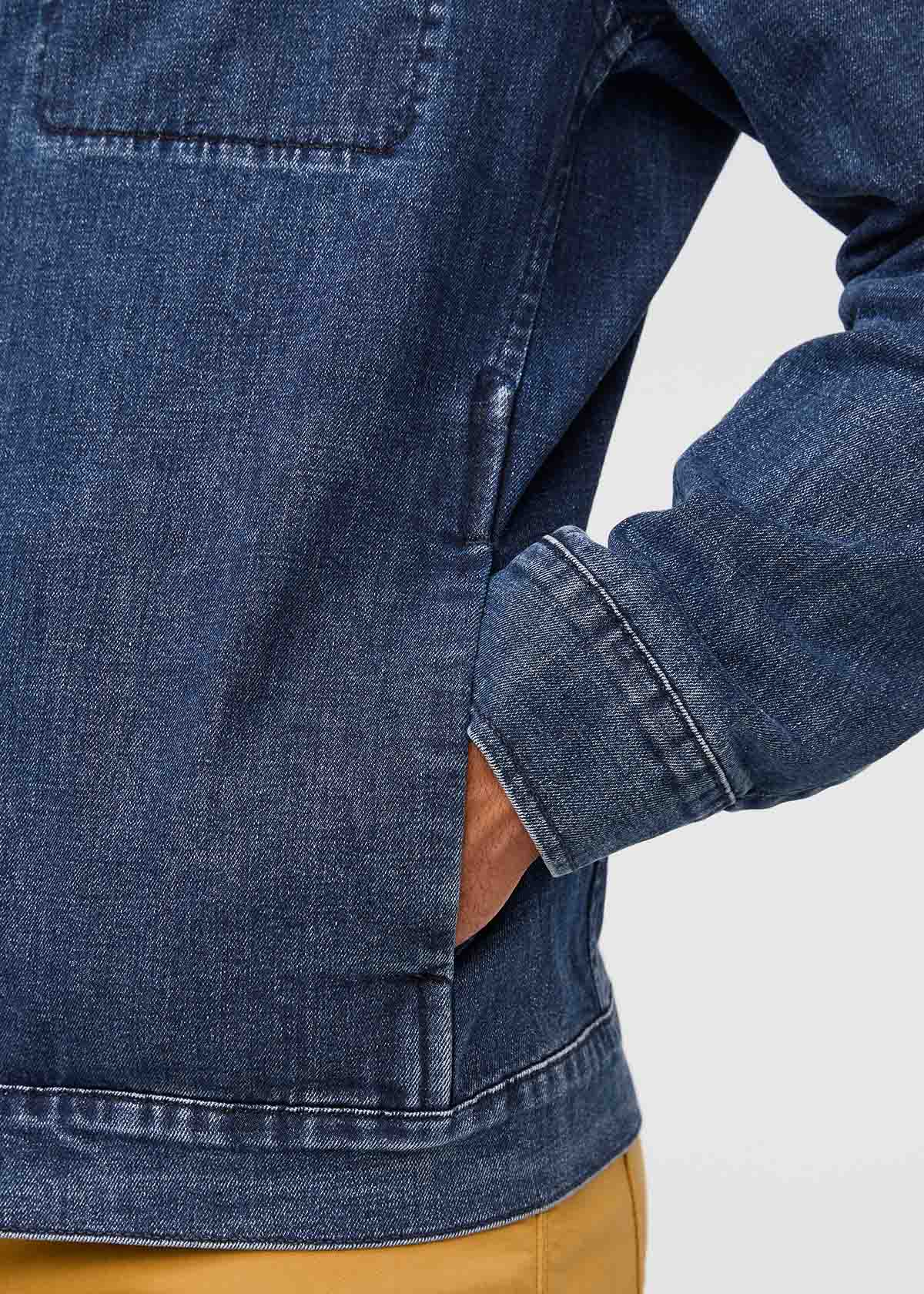 mens medium blue water resistant stretch denim jacket pocket detail