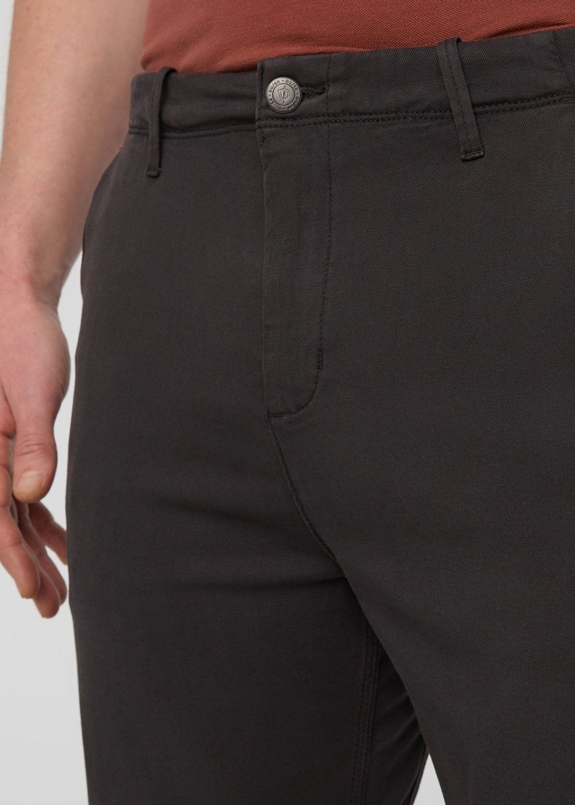 mens stretch dark grey chino pants front waistband detail