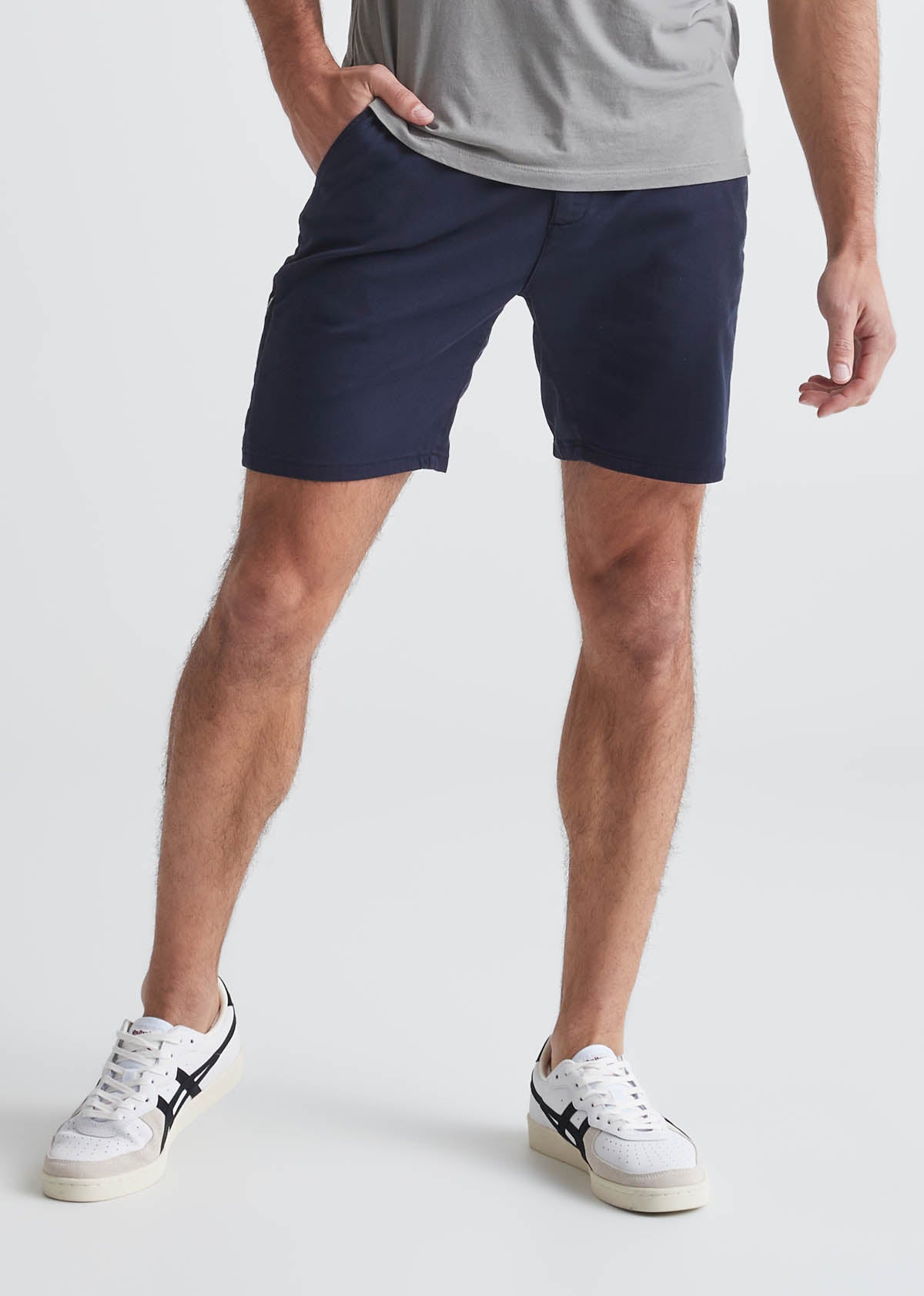 mens dark blue slim fit lightweight shorts front 7" inseam