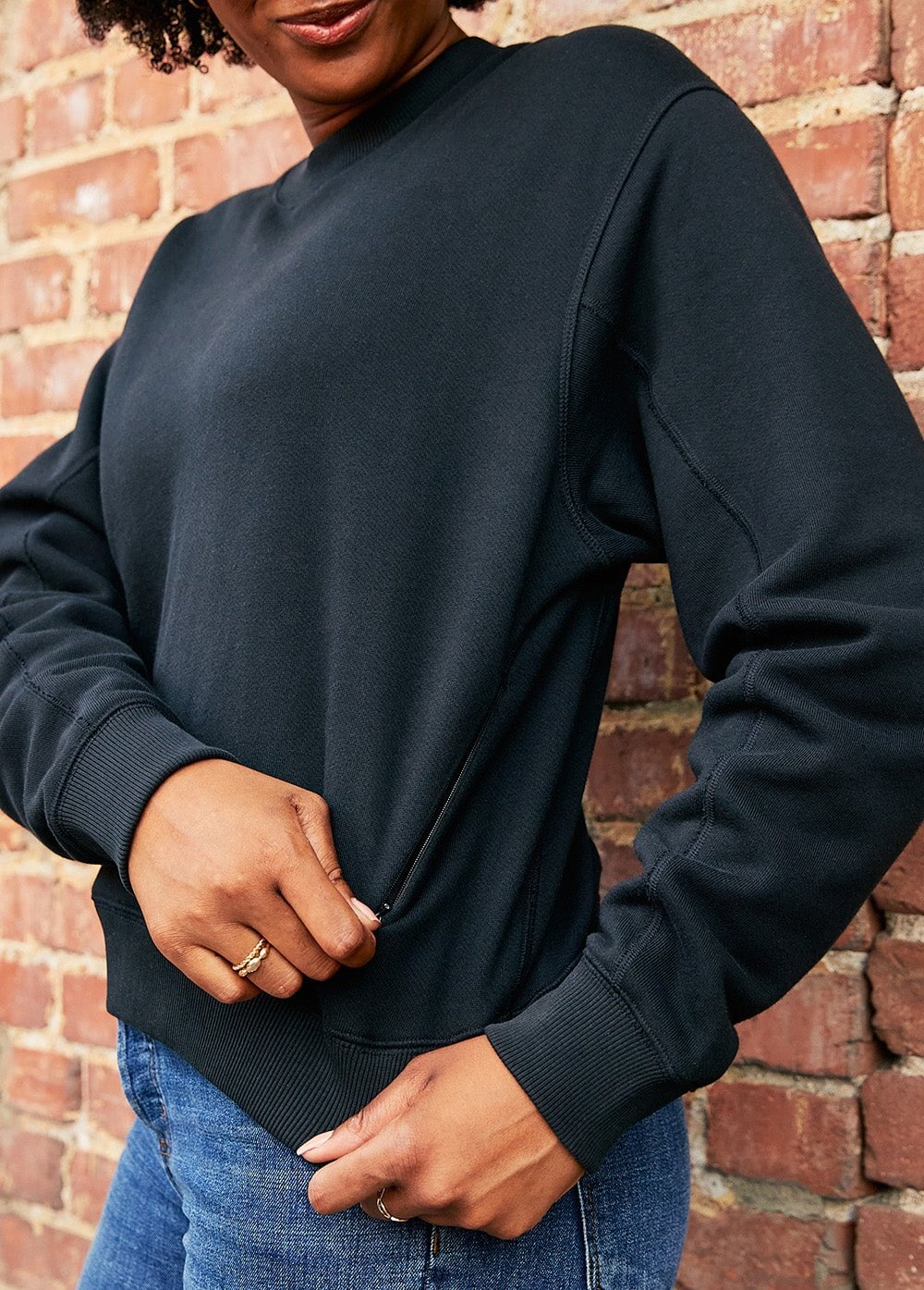 womens black brushed terry performance crew fleece side zip pocket