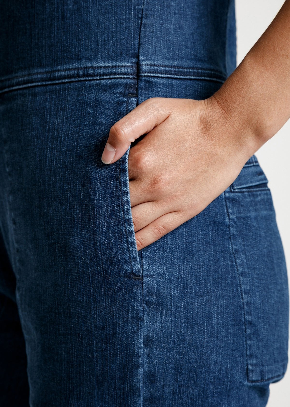 womens medium blue wash stretch denim jumpsuit pocket detail 