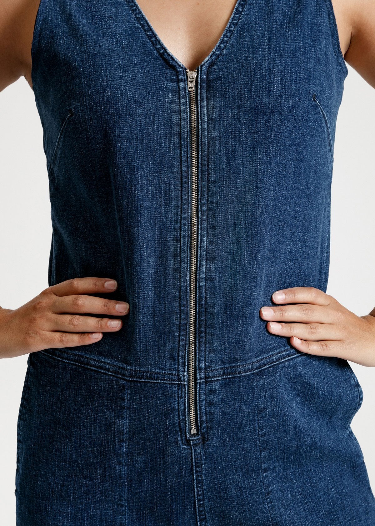 womens medium blue wash stretch denim jumpsuit front zip detail