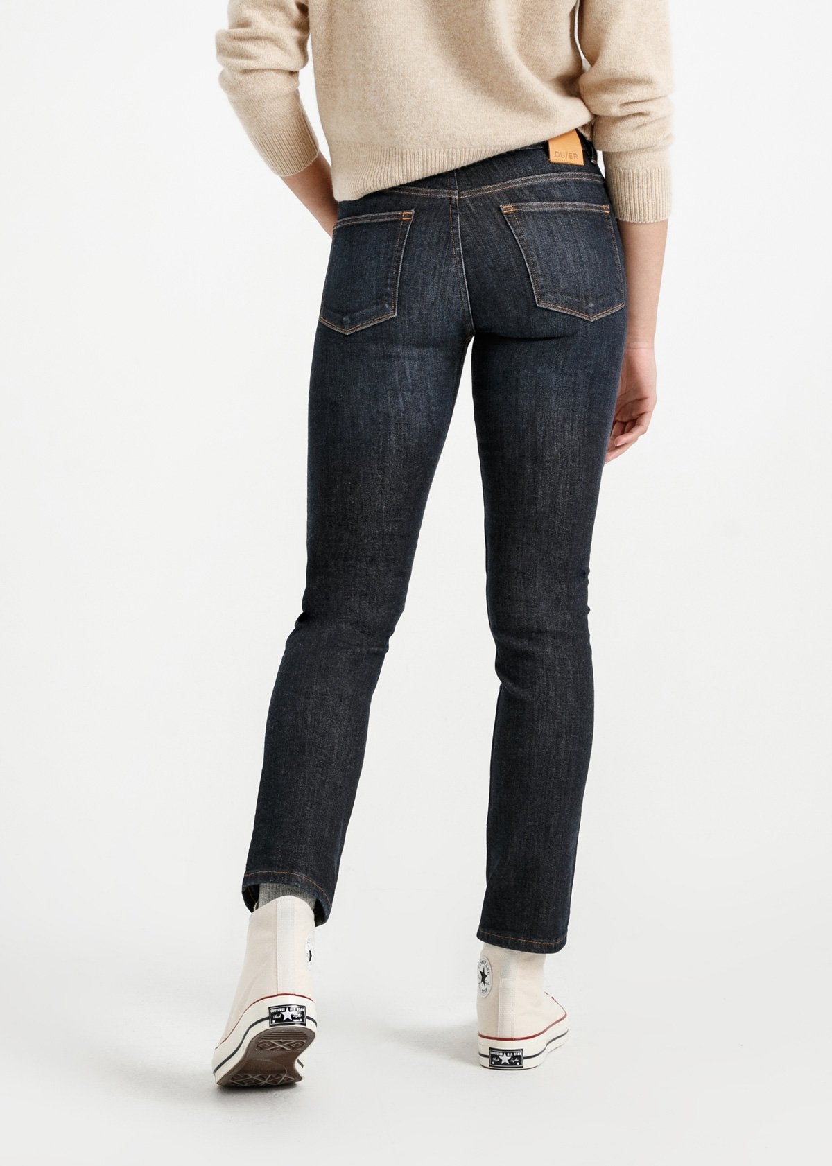 womens dark wash slim straight fit warm stretch jeans back