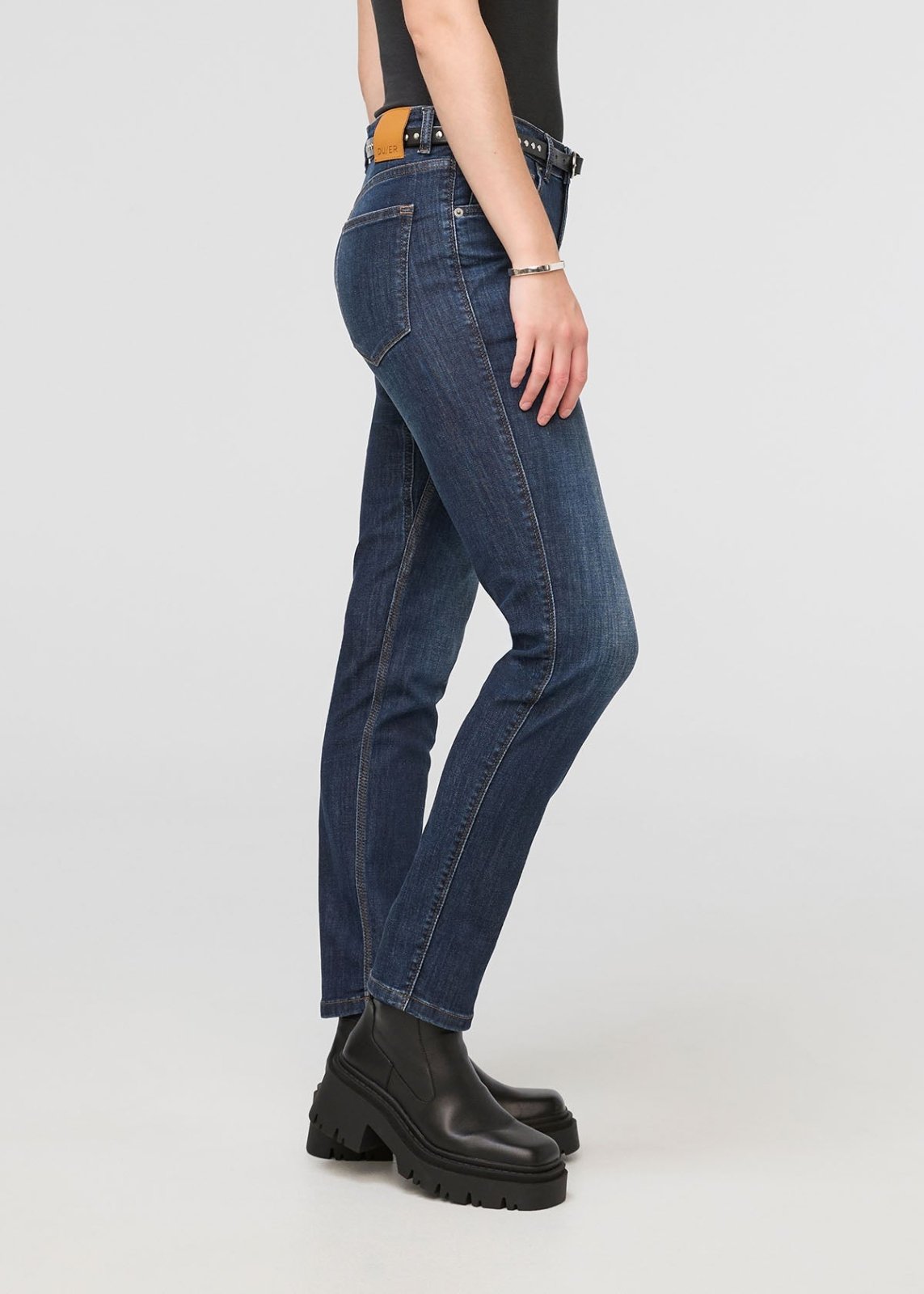 womens blue mid rise relaxed stretch jeans side