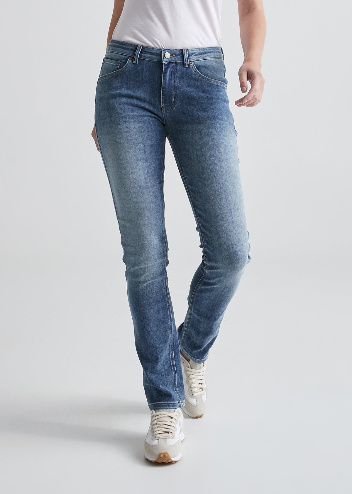 womens light blue slim straight stretch jeans front