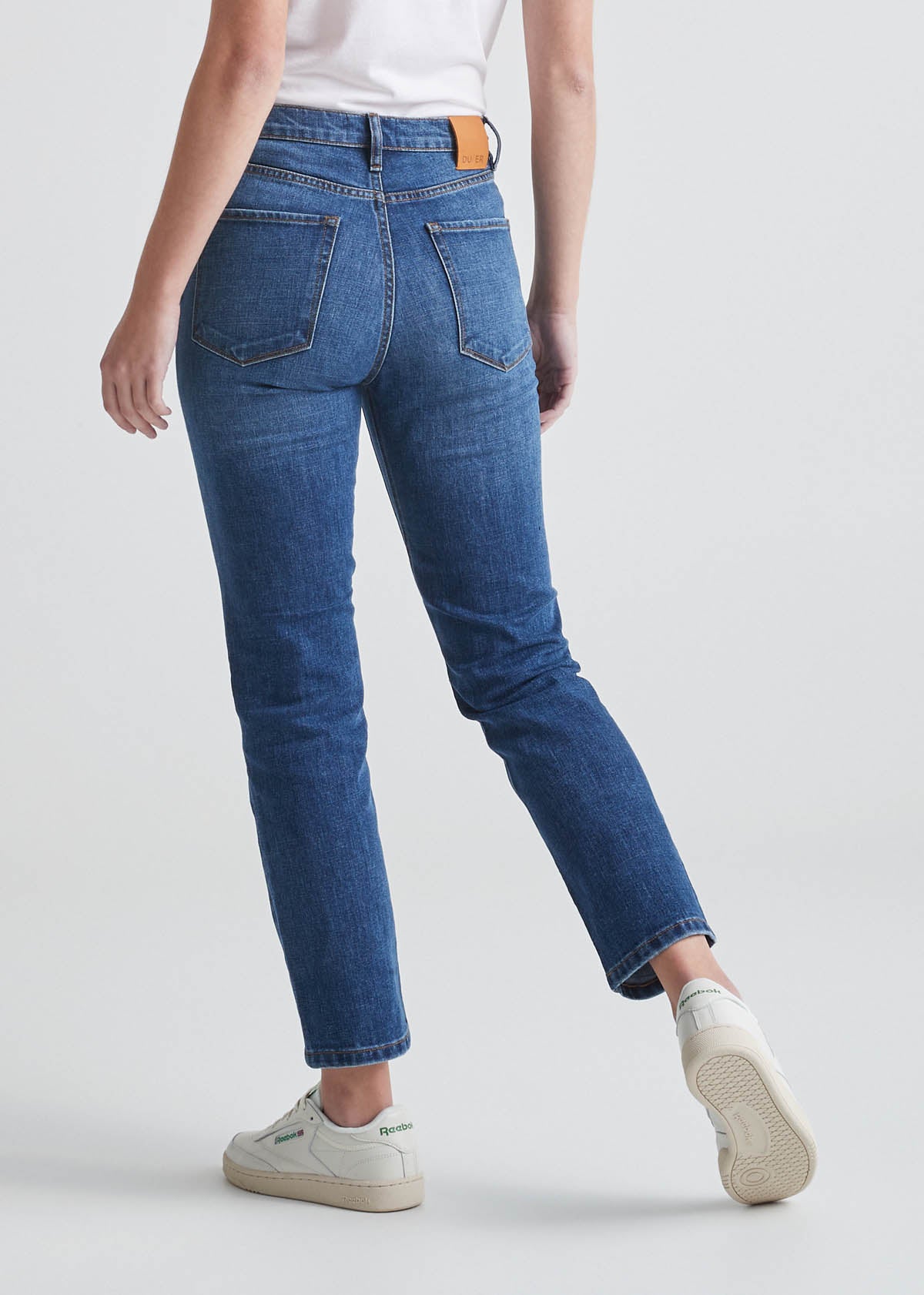 womens medium blue straight stretch high rise jeans back
