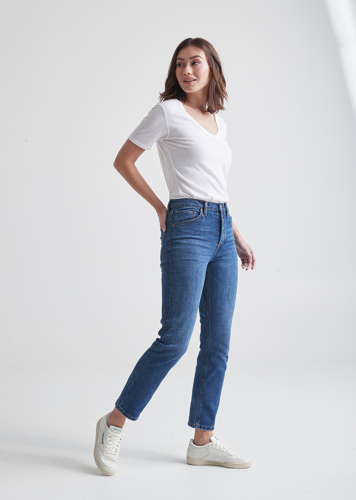womens medium blue straight stretch high rise jeans full body