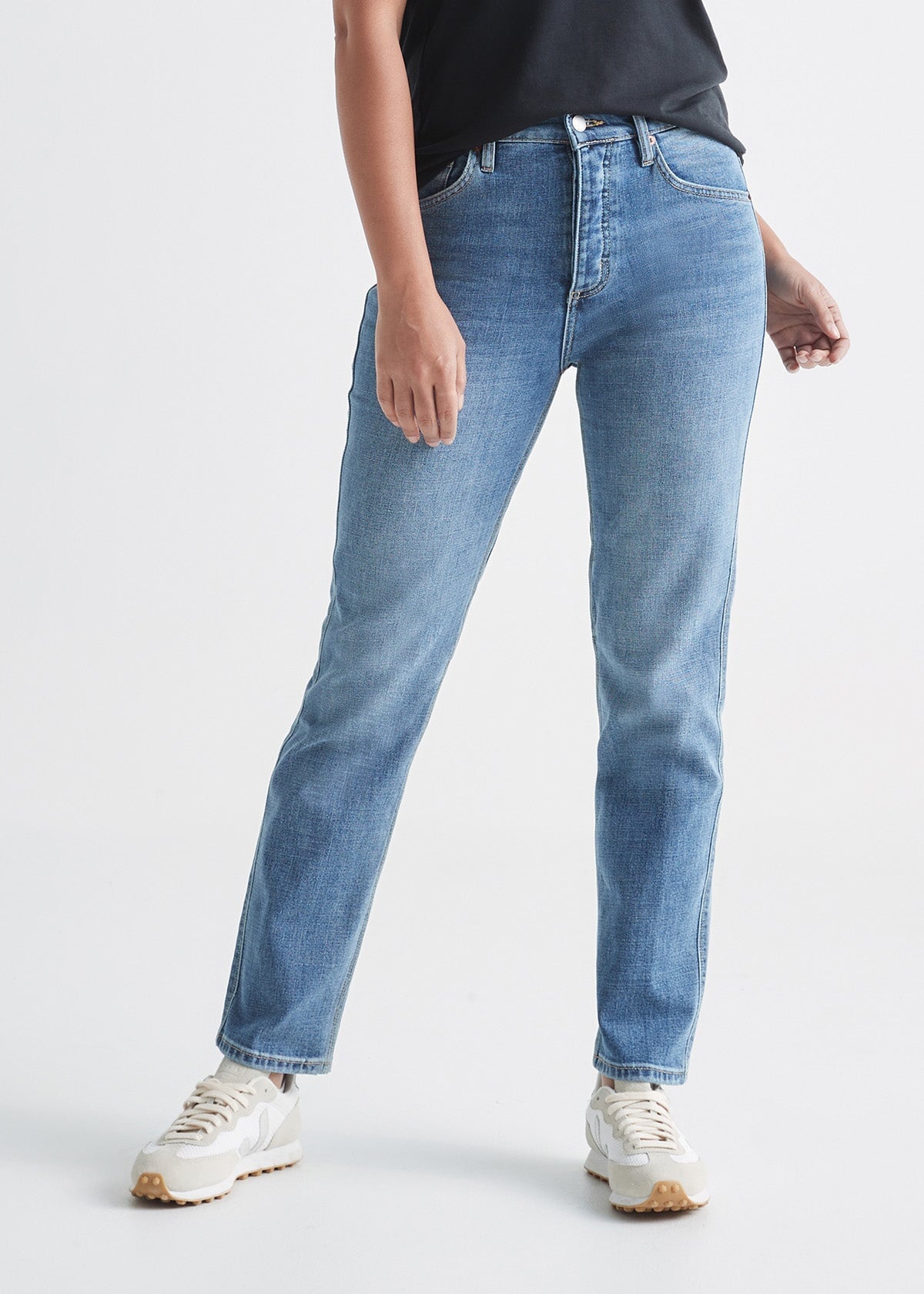 womens vintage blue high rise straight stretch jeans front