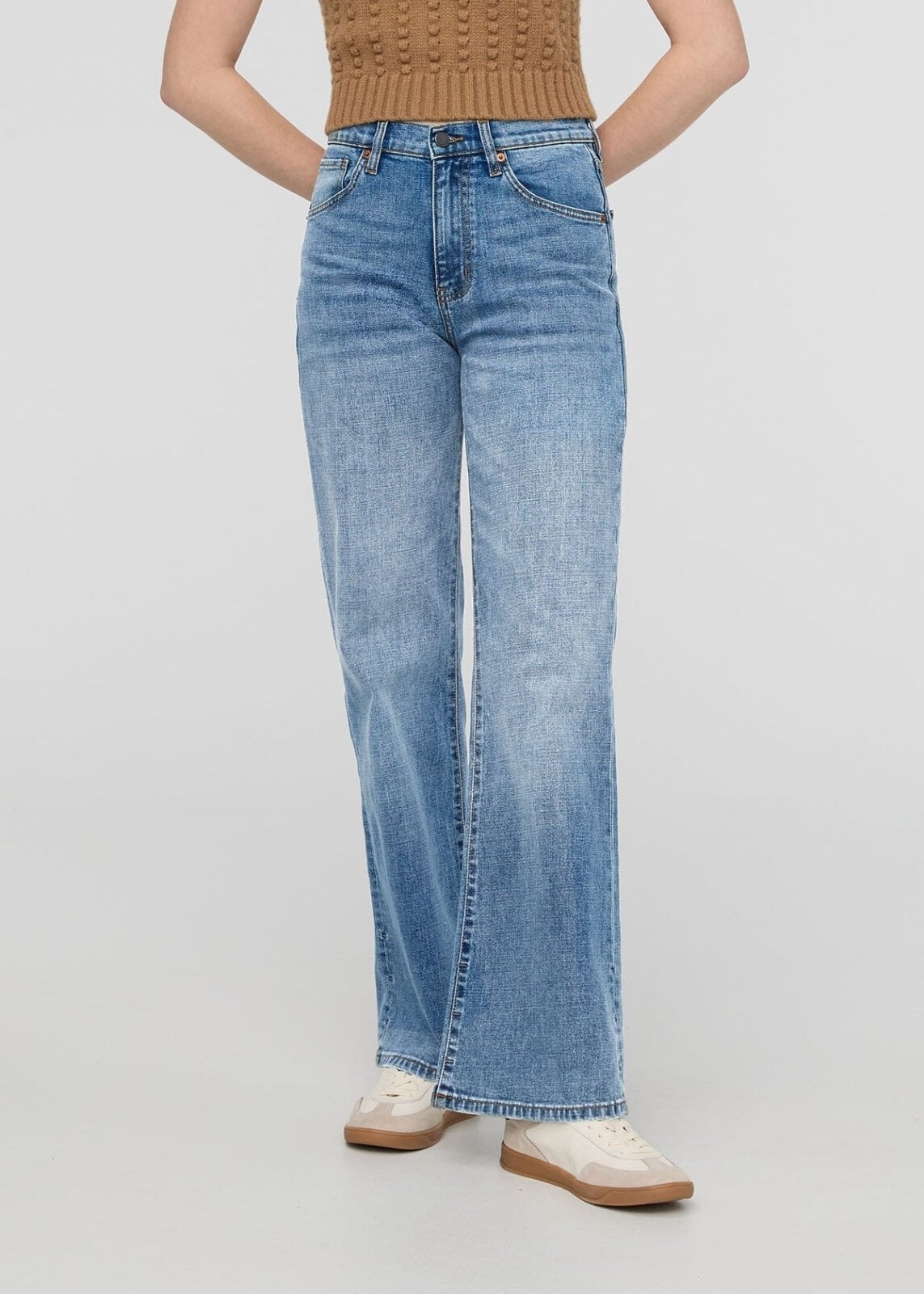 womens high rise wide leg blue jeans front