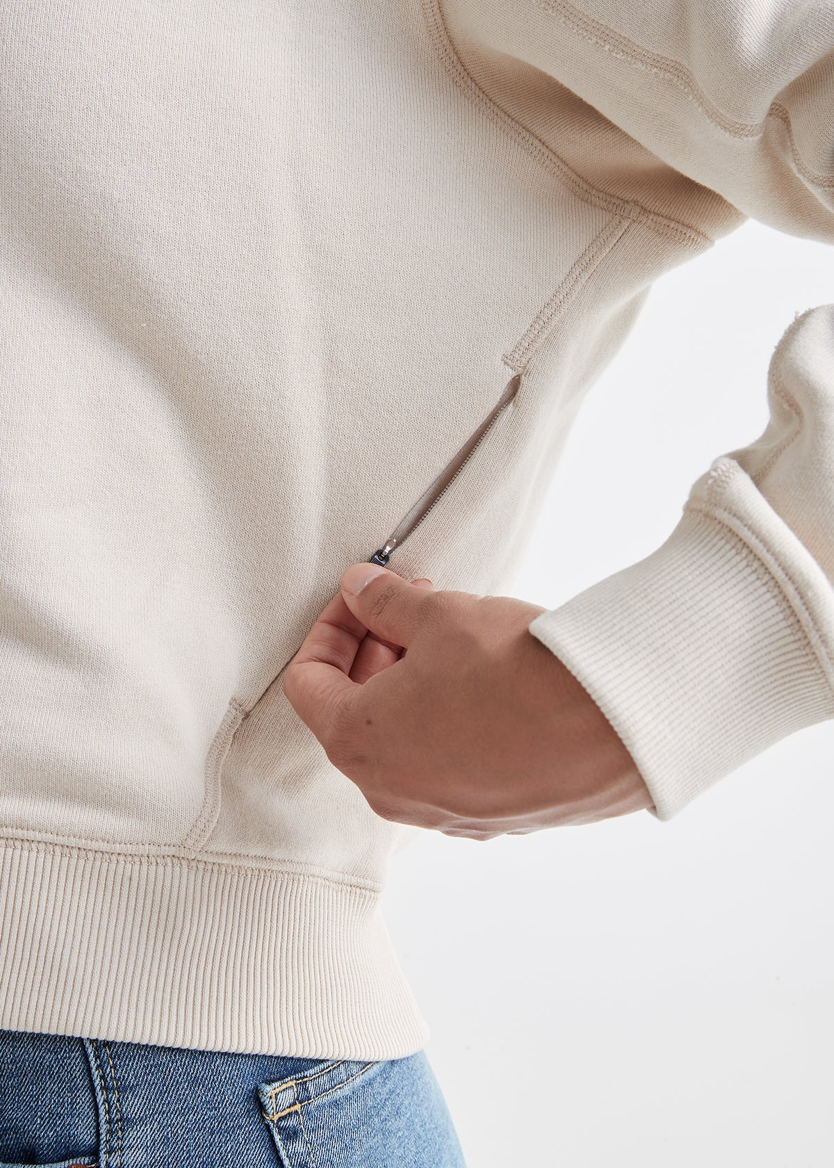 womens bone white brushed terry performance crew fleece side zip pocket detail