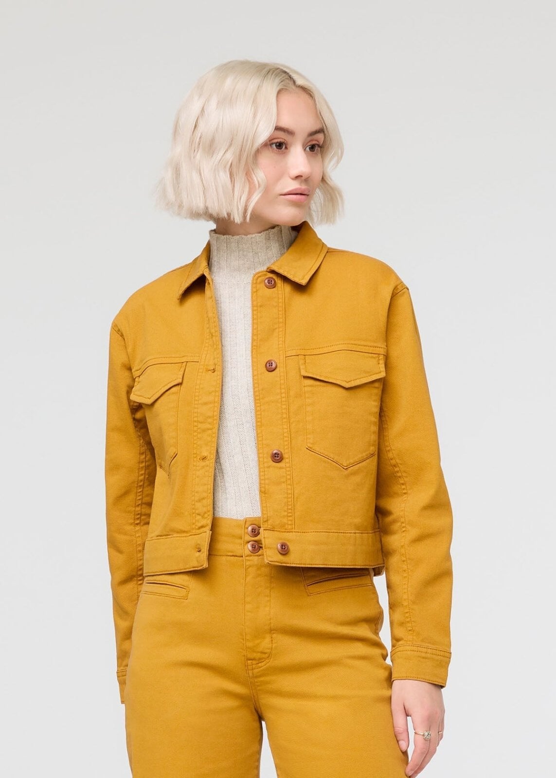 womens yellow cotton trucker jacket front