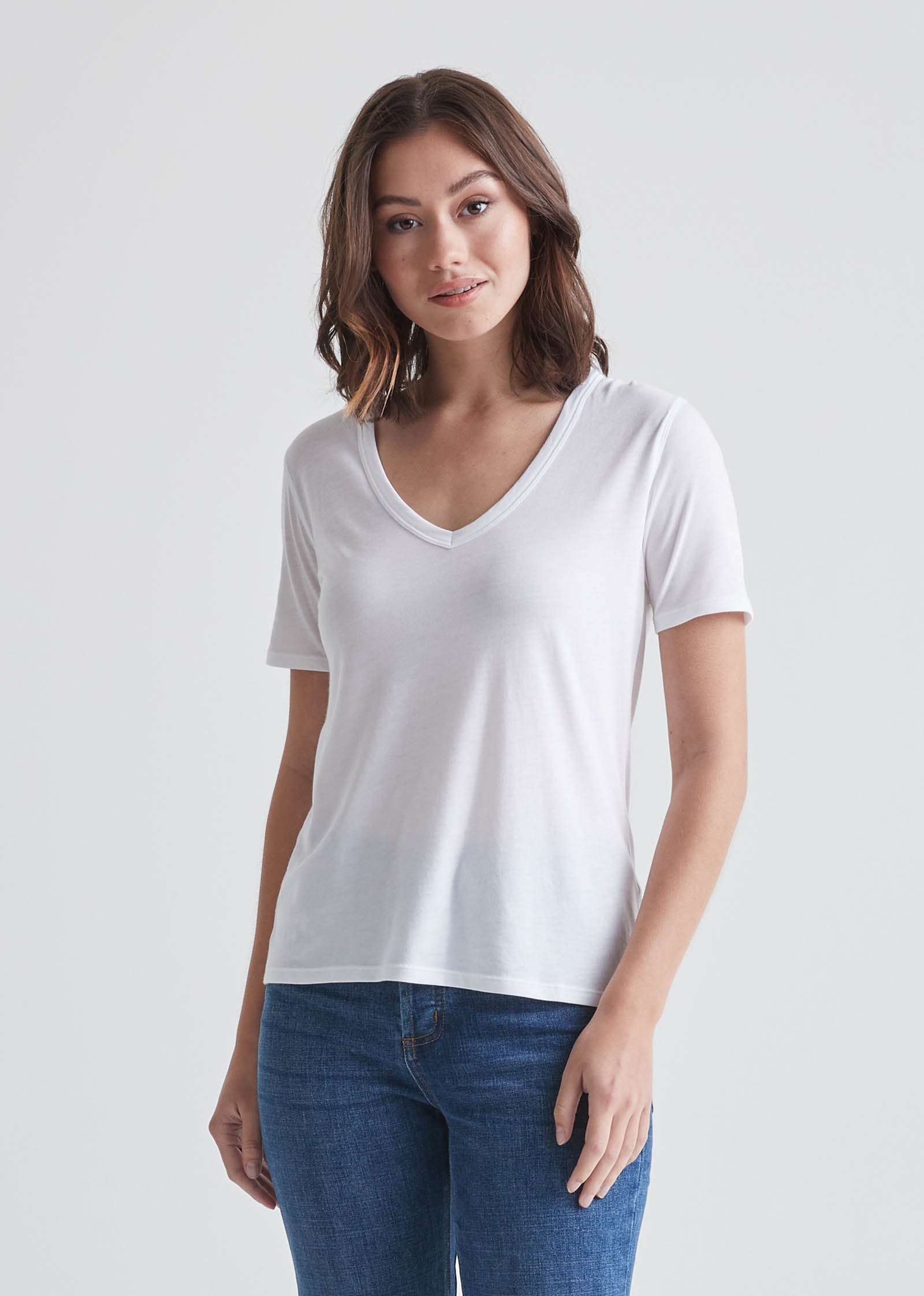 Women's Soft Lightweight White V-Neck T-Shirt Front