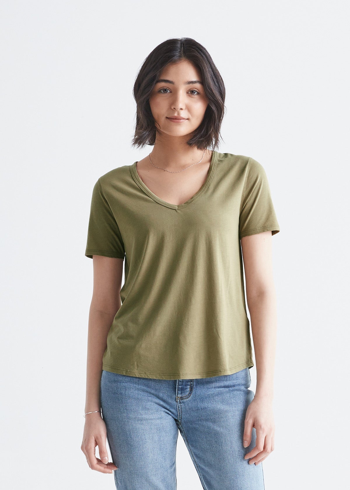 womens soft light-weight olive v-neck t-shirt front