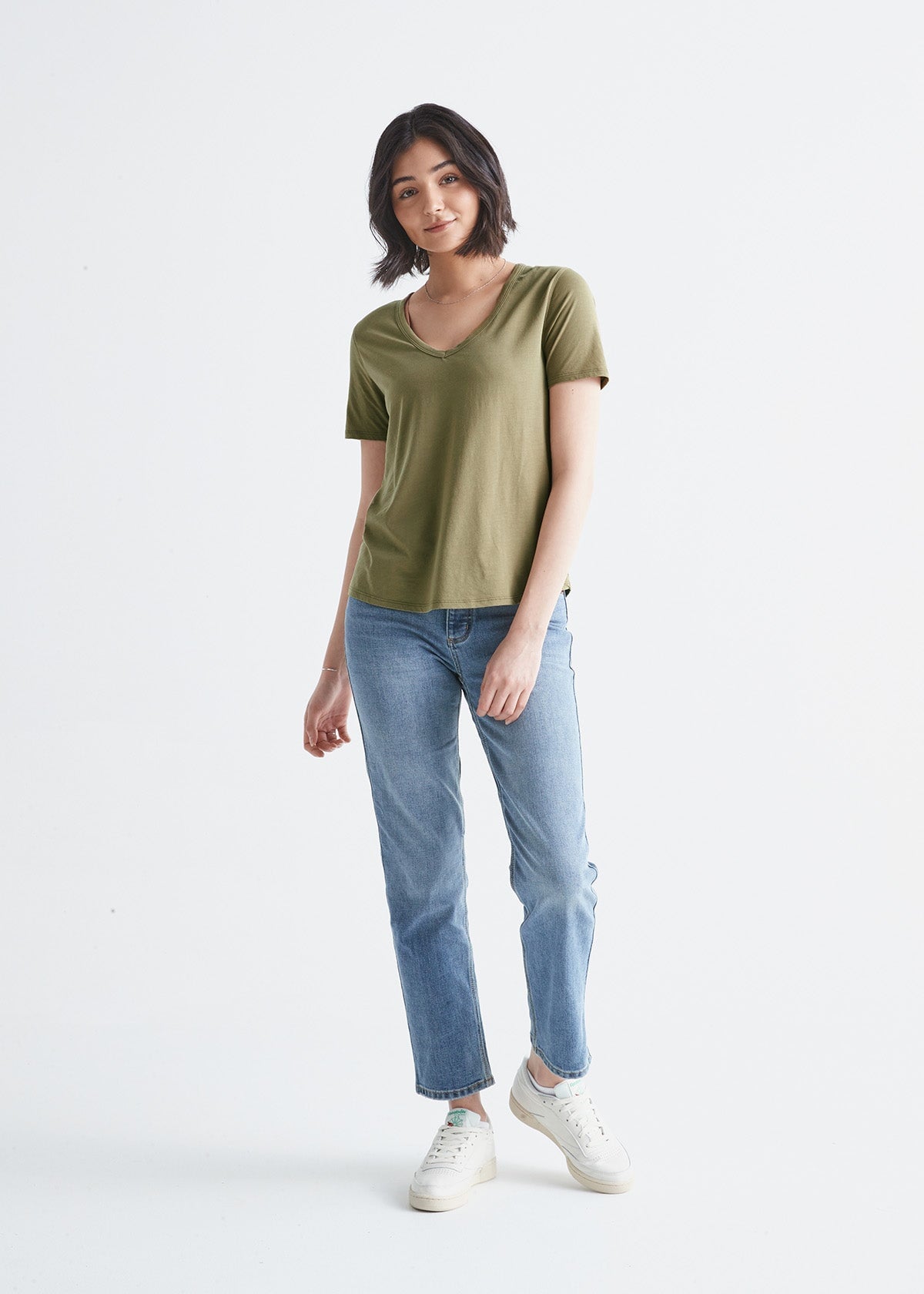 womens soft light-weight olive v-neck t-shirt full body
