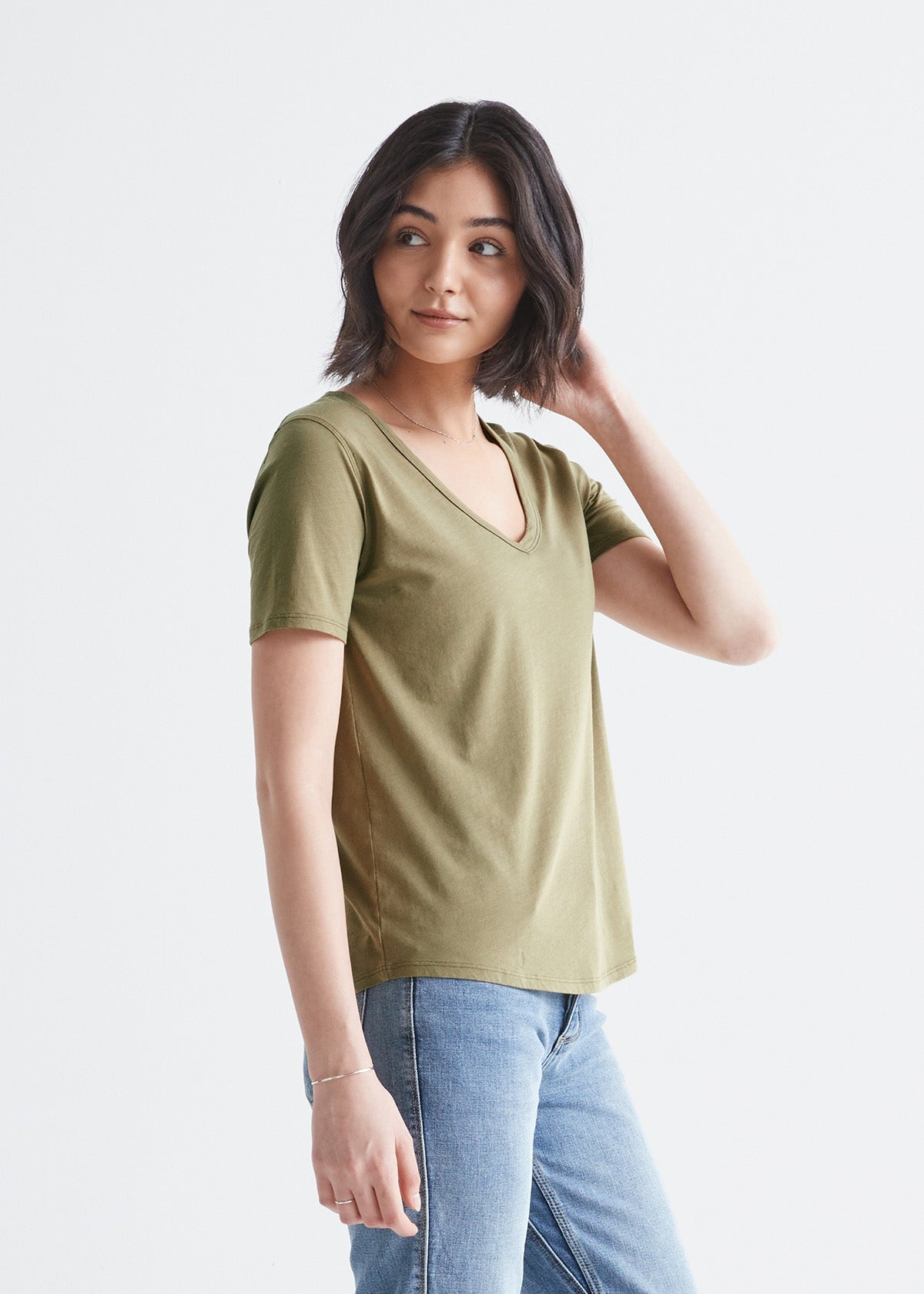 womens soft light-weight olive v-neck t-shirt side