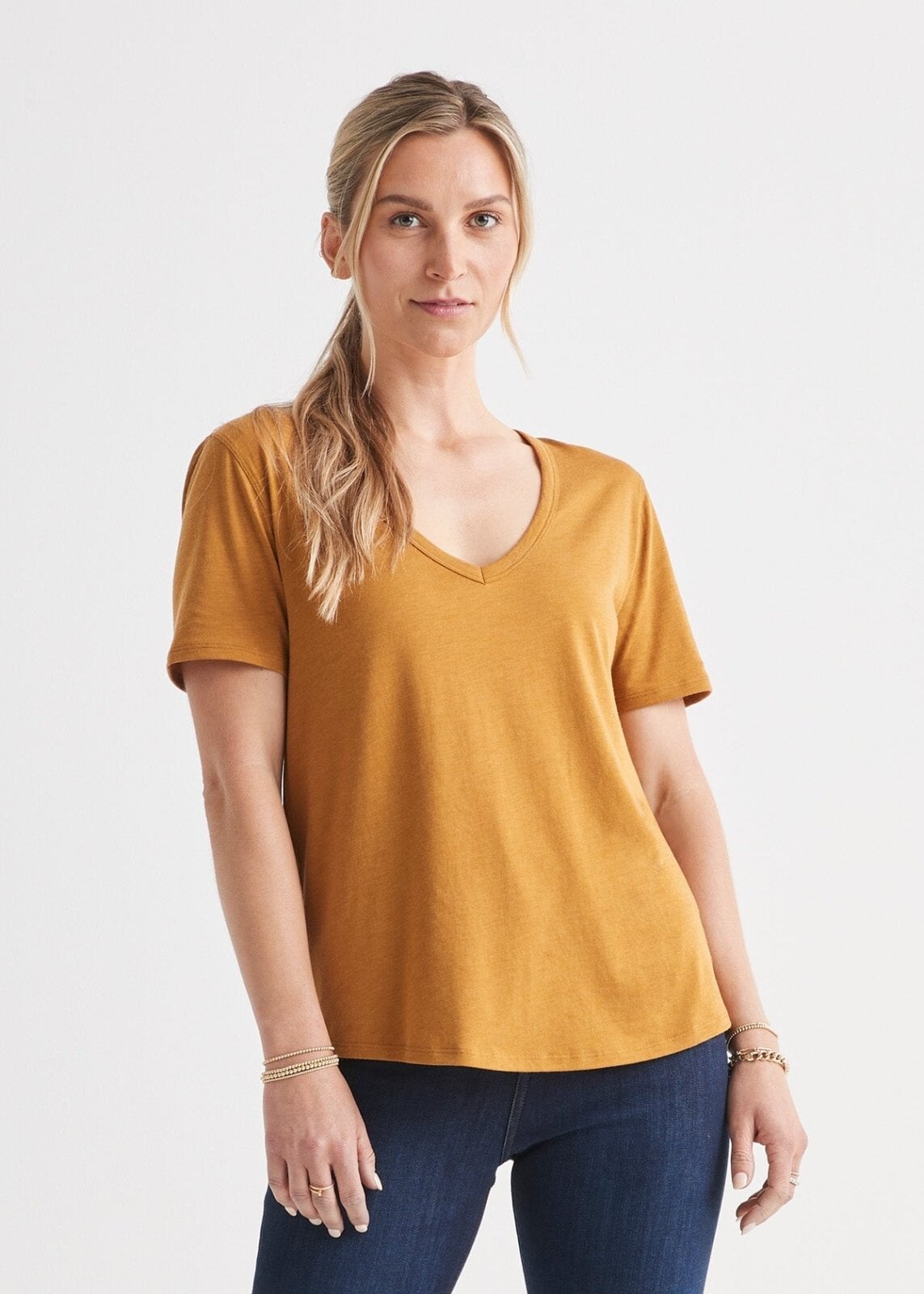 Women's Soft Lightweight Yellow V-Neck T-Shirt Front
