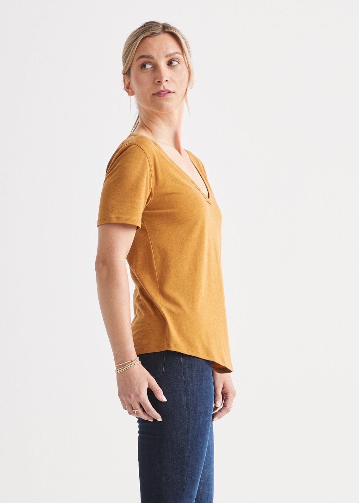 Women's Soft Lightweight Yellow V-Neck T-Shirt Side