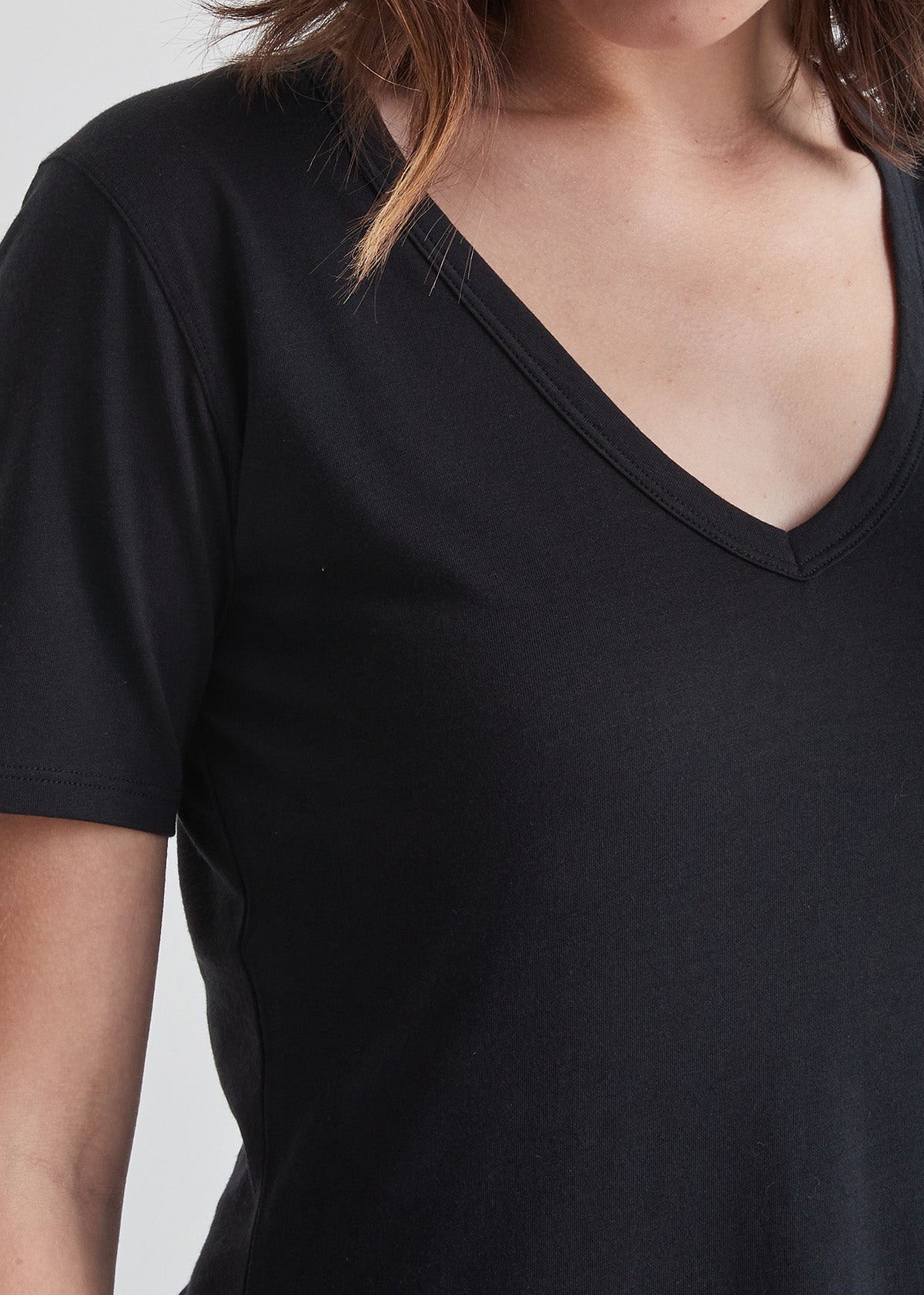 Women's Soft Lightweight Black V-Neck T-Shirt Neckline Detail