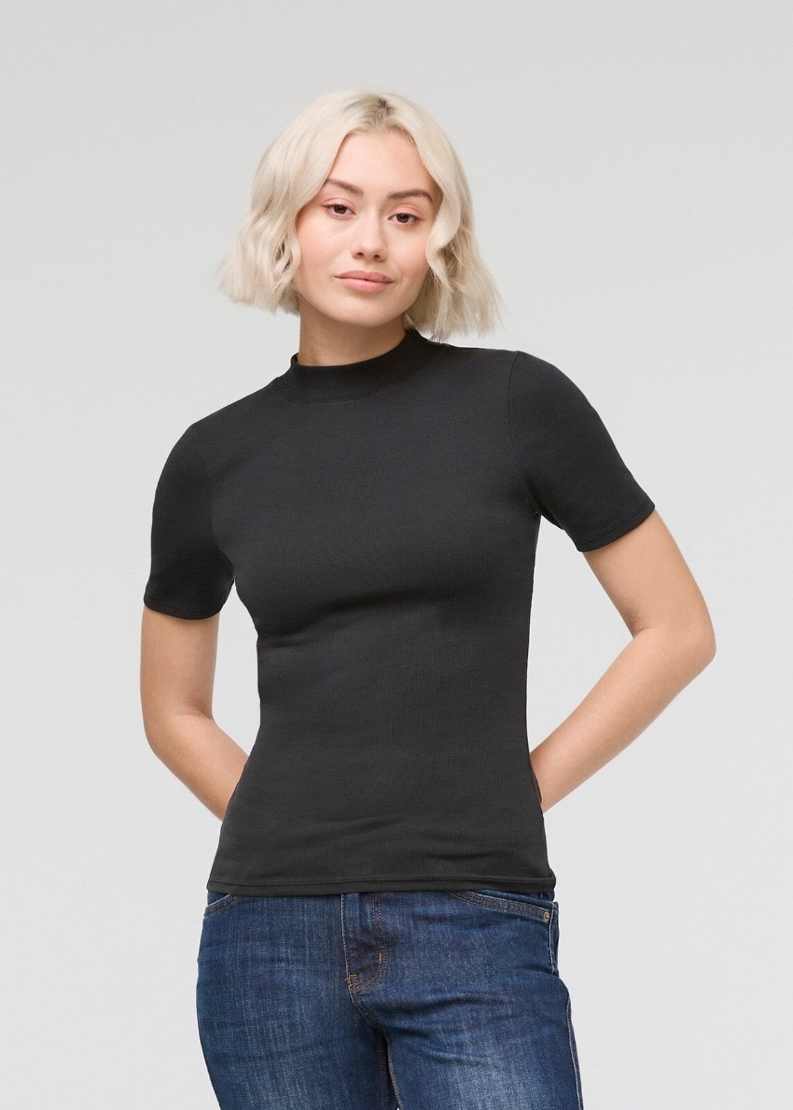 womens black pima cotton mock neck t-shirt front
