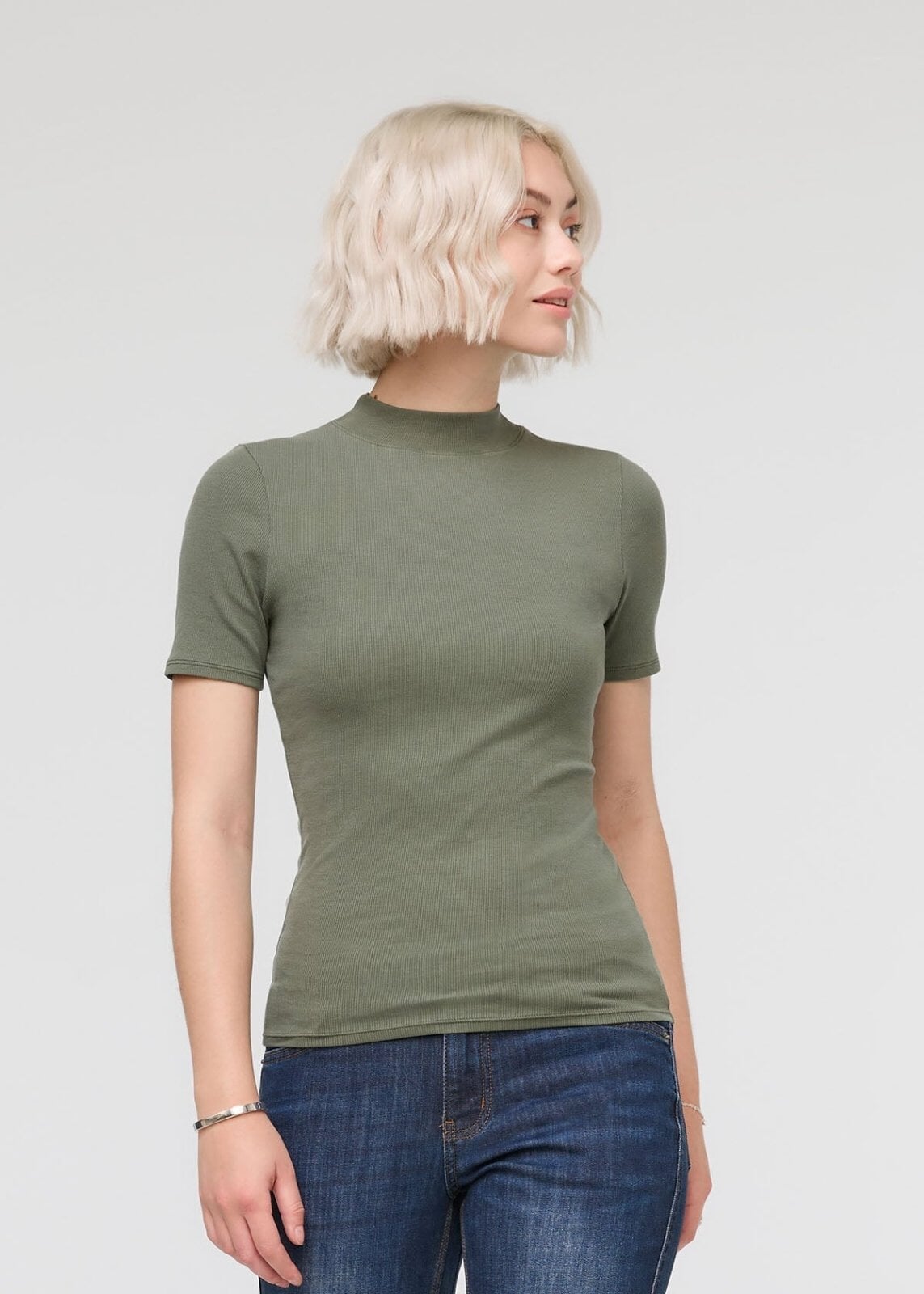 Women's Green Pima Cotton Mock Neck T-Shirt