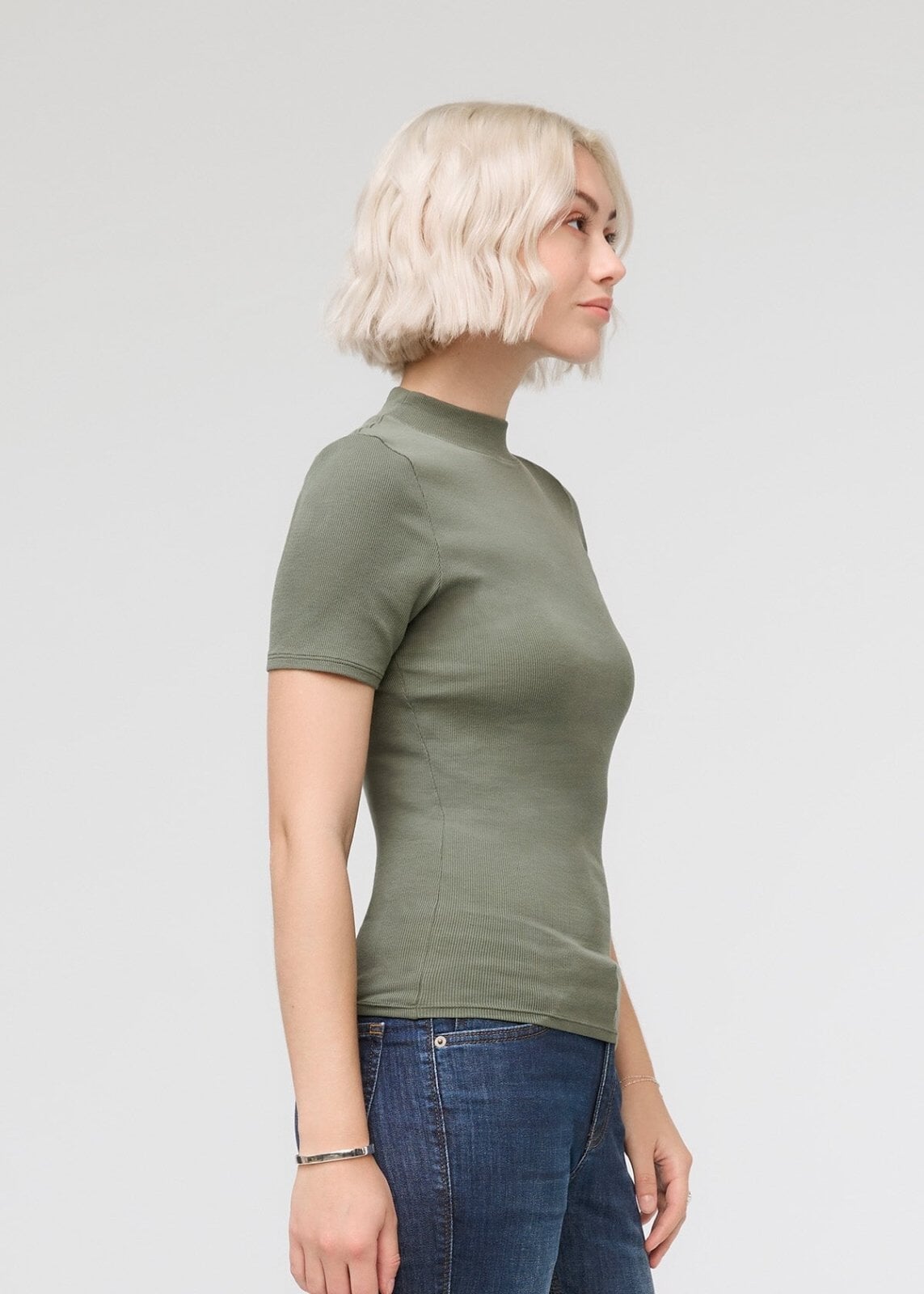 womens green pima cotton mock neck t-shirt side