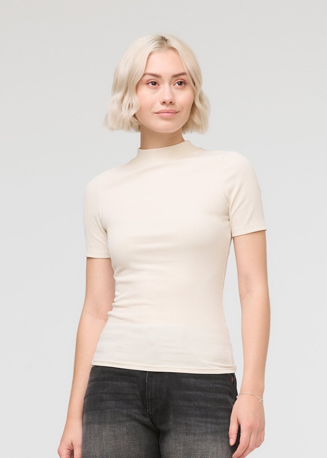 womens off-white pima cotton mock neck t-shirt front