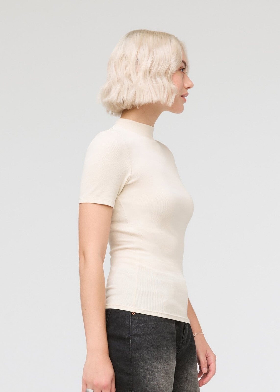 womens off-white pima cotton mock neck t-shirt side