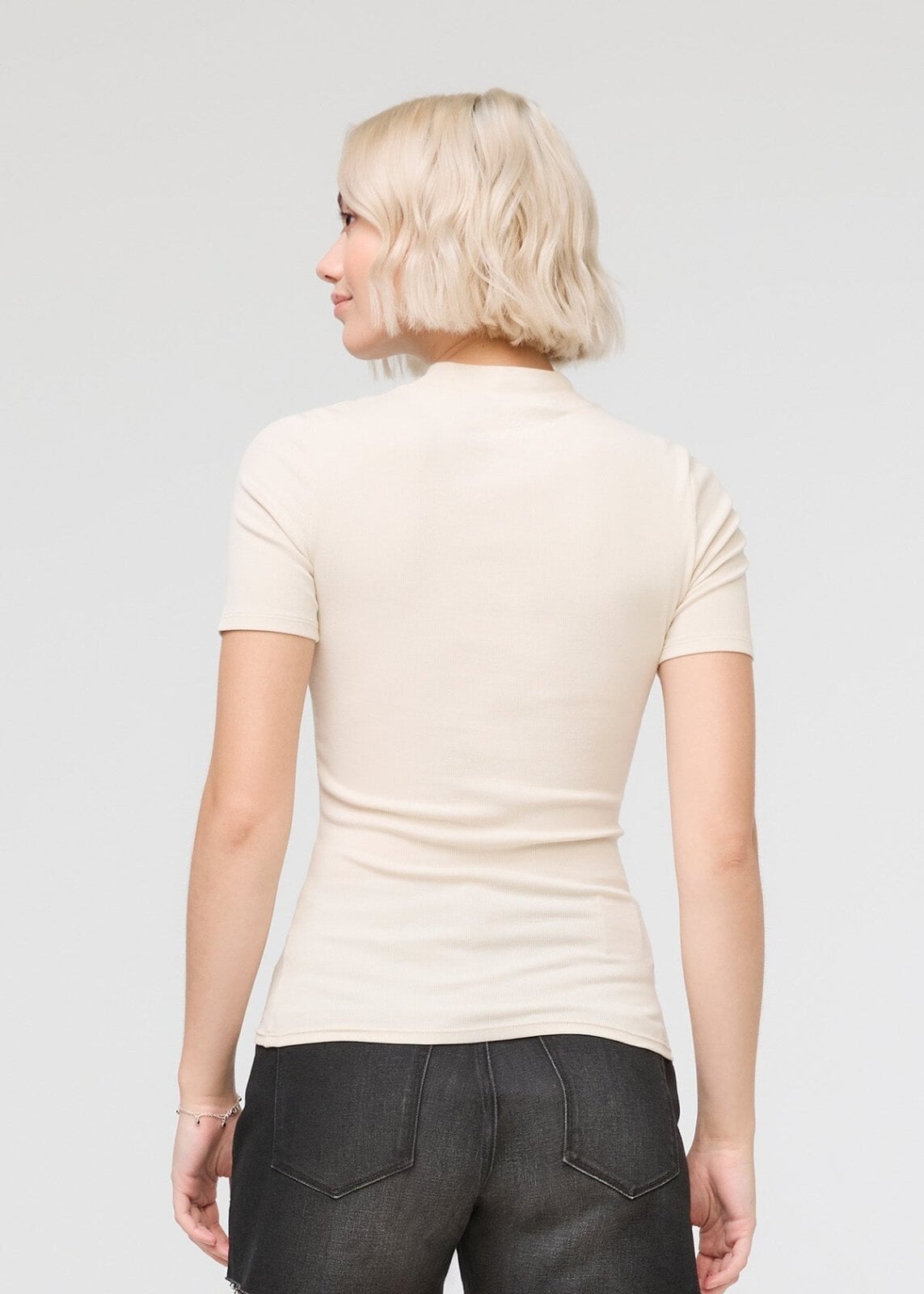 womens off-white pima cotton mock neck t-shirt back