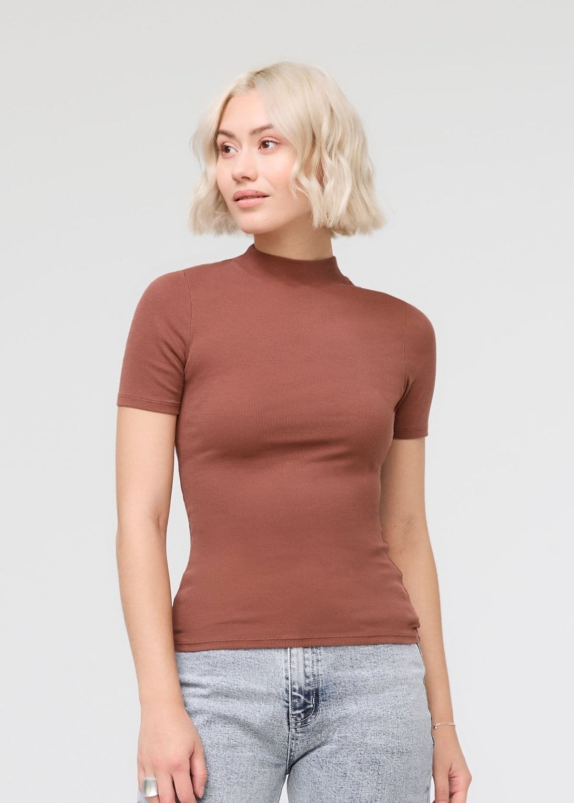 womens rust pima cotton mock neck t-shirt front