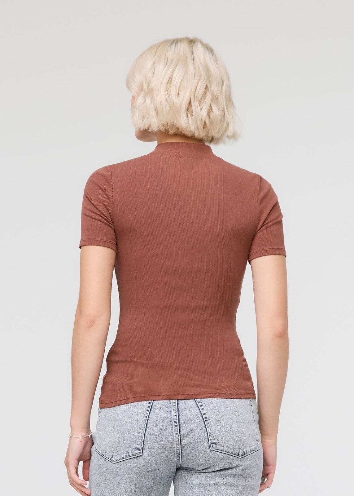 womens rust pima cotton mock neck t-shirt back
