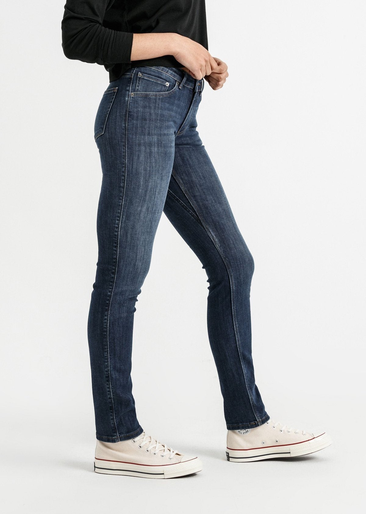 womens medium blue wash slim straight fit stretch jeans side